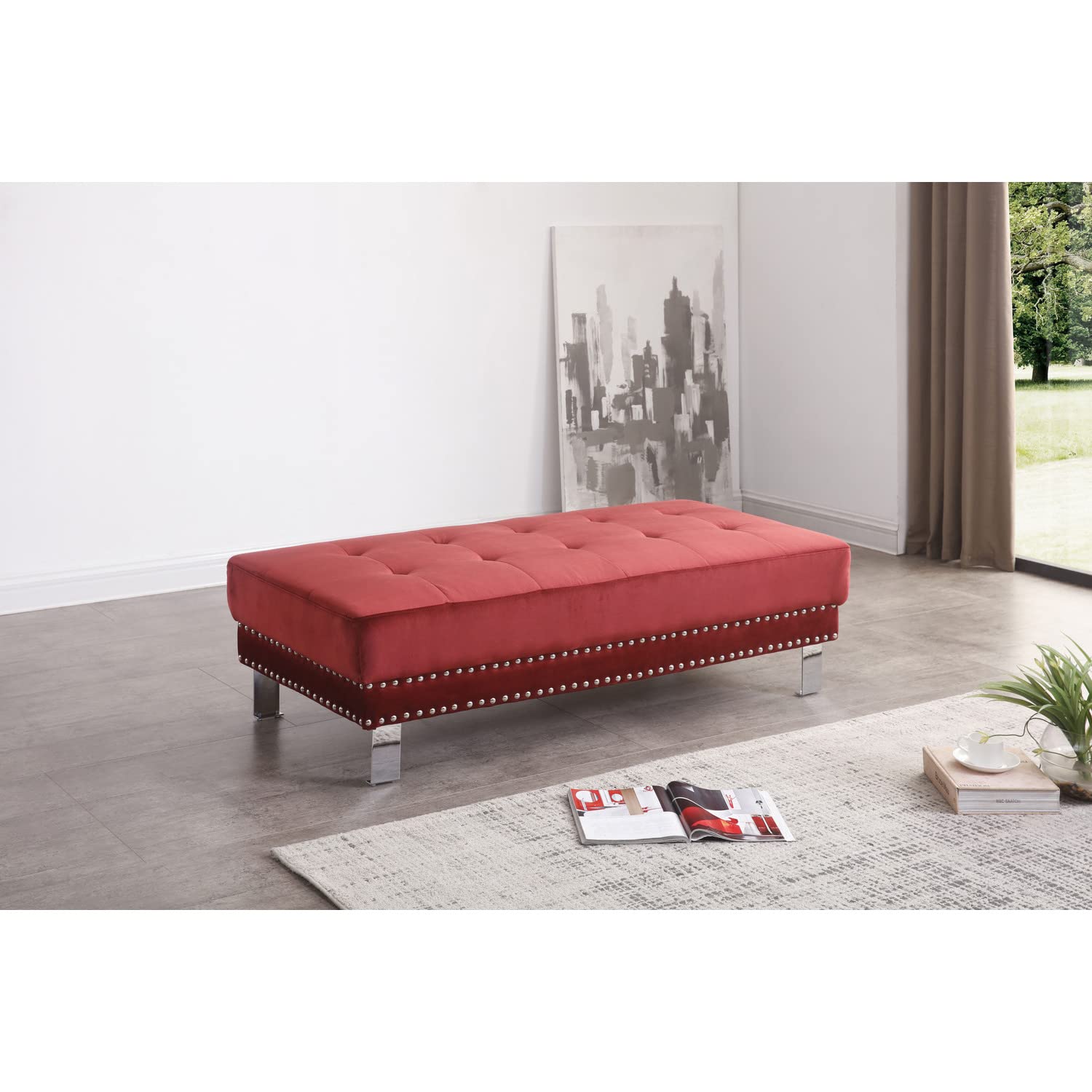 Glory Furniture Derek G373-O Ottoman in Cherry Finish - Stylish Footrest & Storage Bench for Living Room, Bedroom, or Office