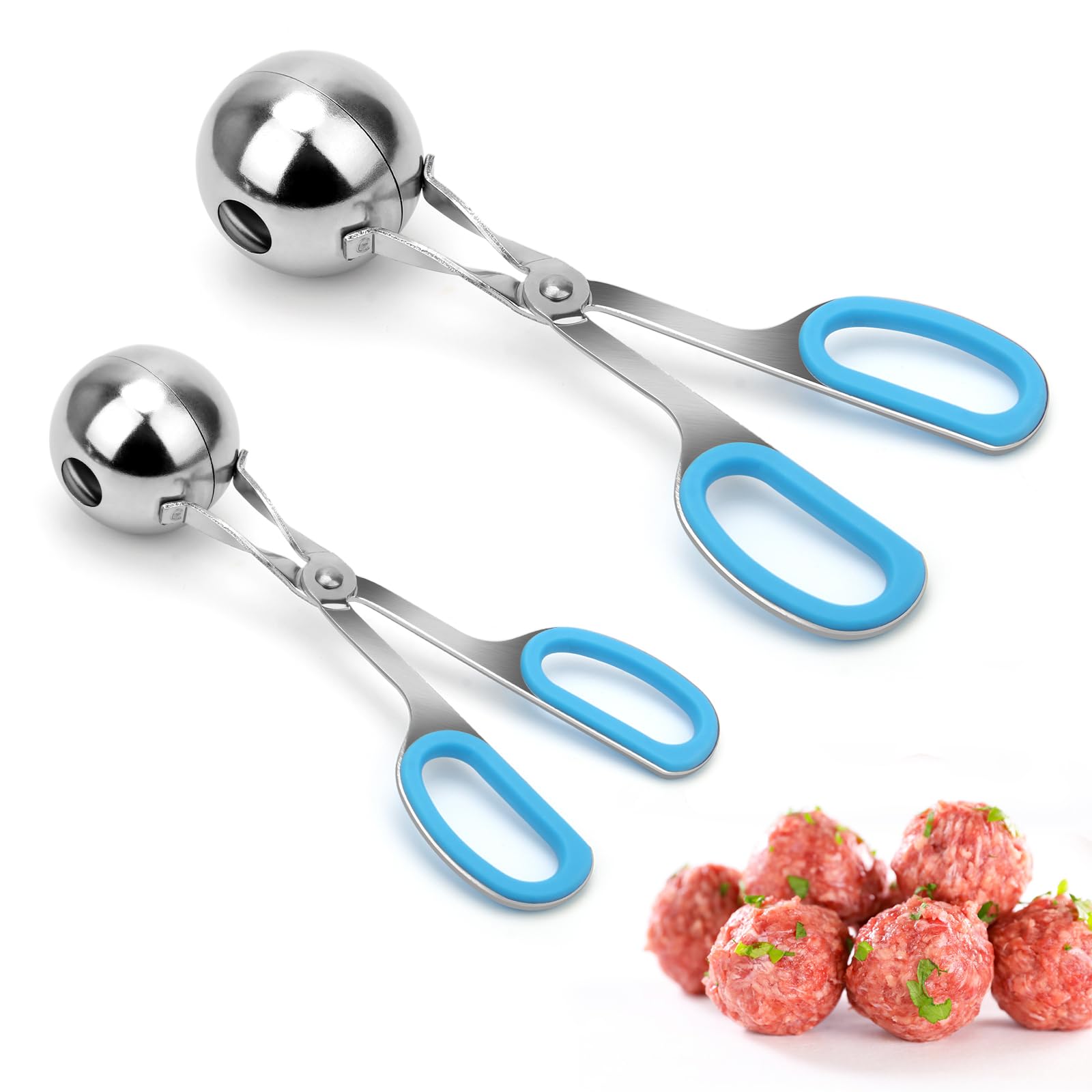AHIER 2-Piece Non-Stick Meatball Maker Scoop with Detachable Anti-Slip Handles, Stainless Steel Meat Baller & Cake Pop Scoop (1.38