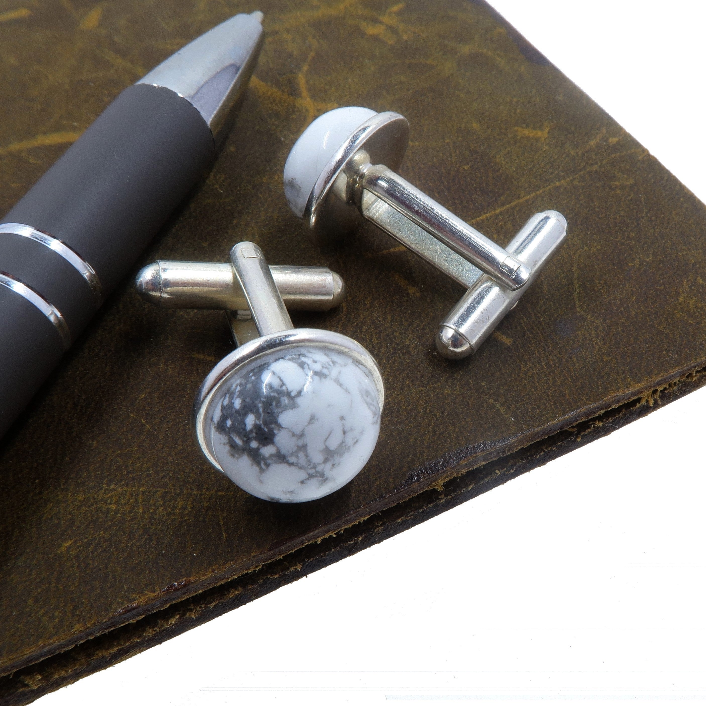 Stylish Howlite Cufflinks Set - Premium White Stone & Sterling Silver Mens Dress Accessories - Perfect for Weddings, Business Meetings & Formal Events