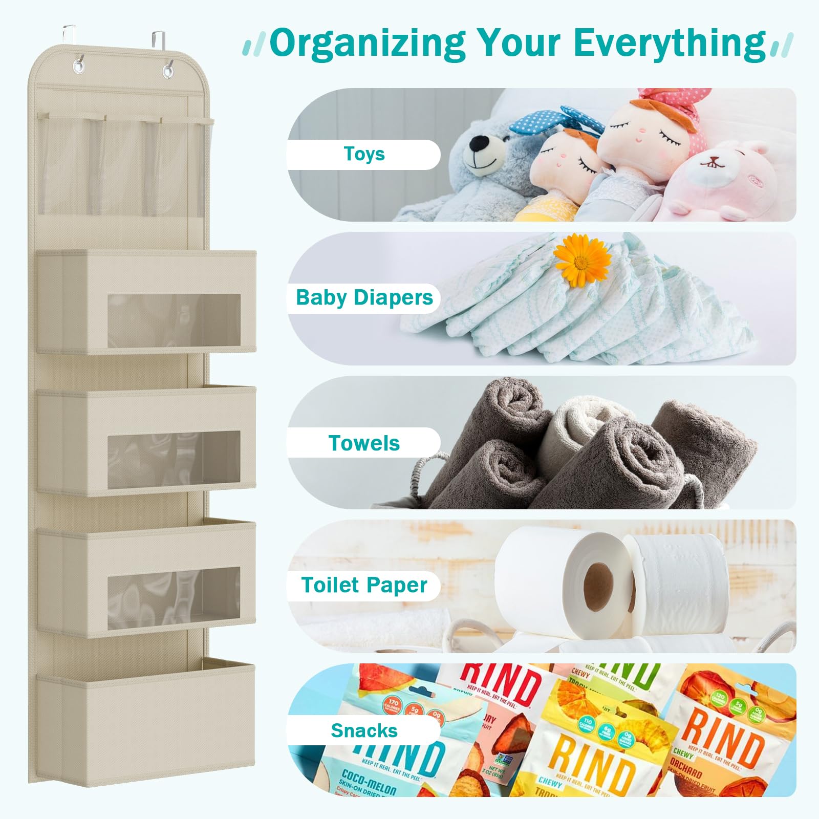 Over The Door Organizer - 4-Tier Hanging Storage Shelf for Nursery, Closet & Bathroom - Space Saving Beige Fabric Door Organizer for Baby Clothes, Toys & Essentials - Perfect for Small Spaces & Home Organization