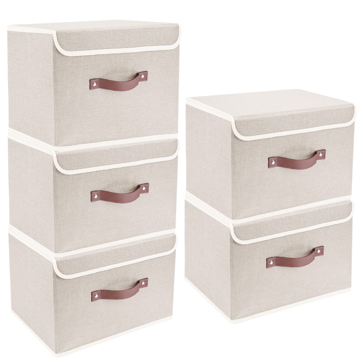 TYEERS 5-Pack Foldable Fabric Storage Bins with Lids - Closet Organizers for Clothes, Toys & Office Supplies | Space-Saving Home Organization Solution for Bedroom, Nursery & Office (Beige)