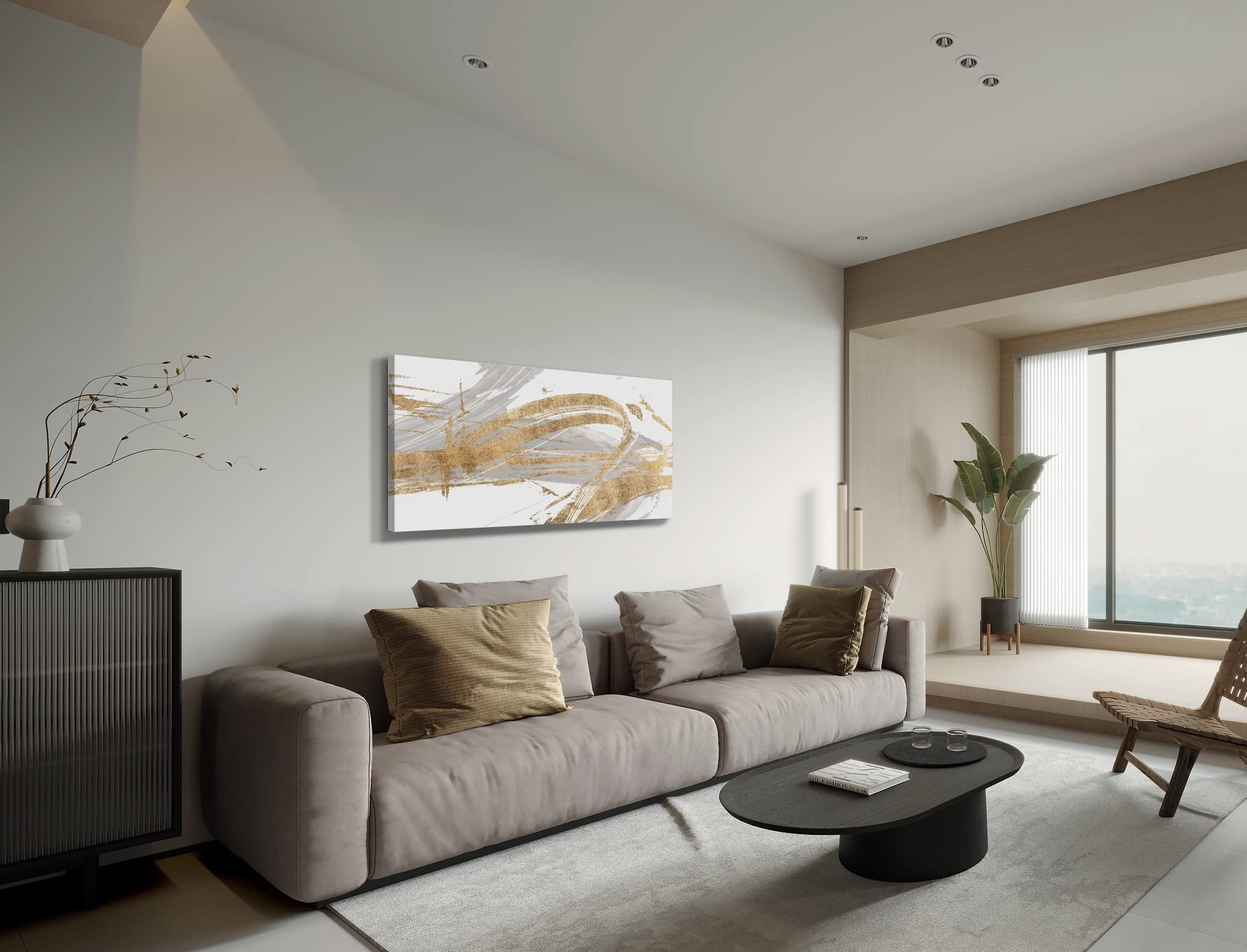 Abstract Wall Art Canvas Print - Grey & Gold Line Modern Framed Painting 24x48 inches (60x120cm) for Living Room, Bedroom, Office & Bathroom Decor | Contemporary Home Artwork for Stylish Interior Design