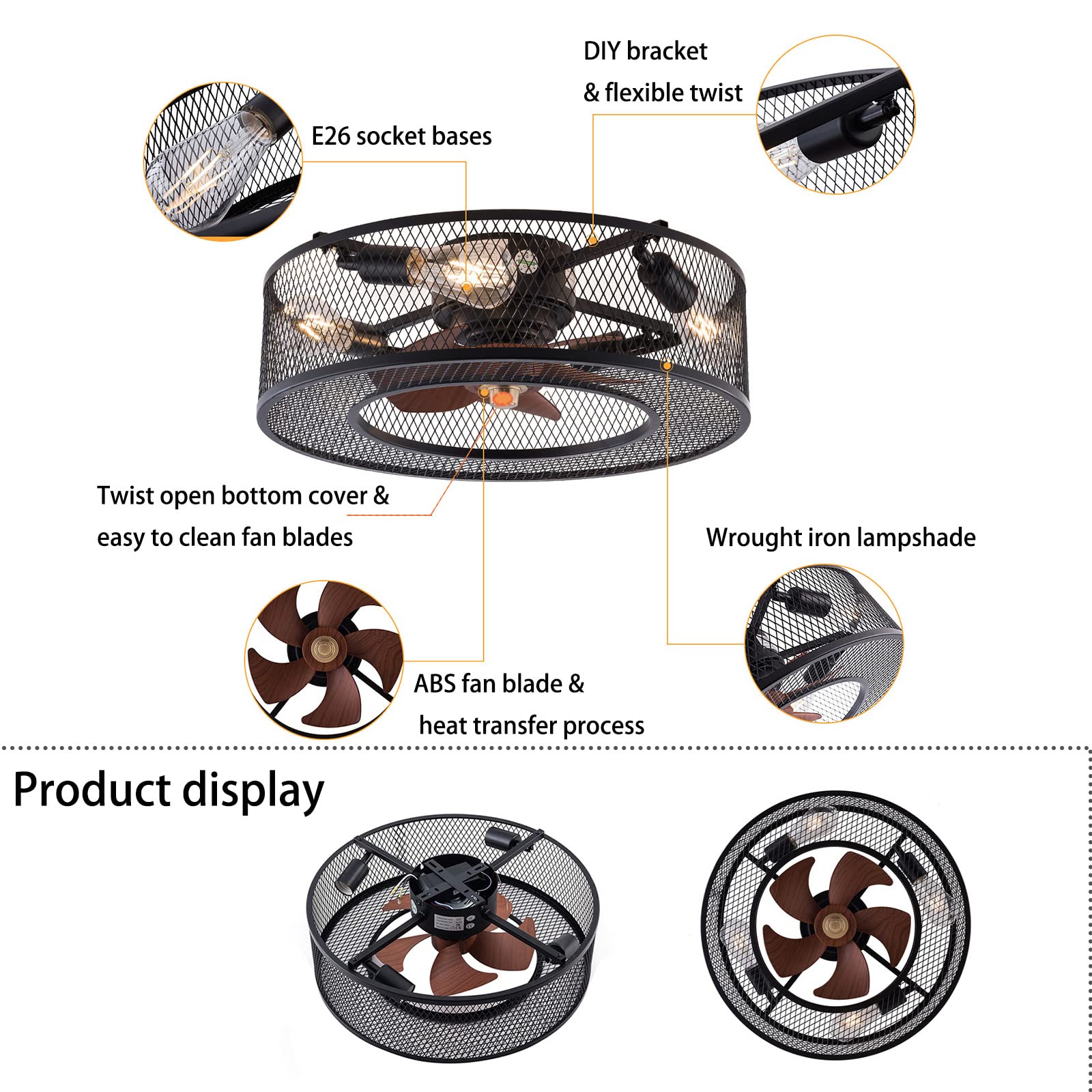 20 Inch Black Iron Caged Ceiling Fan with Light - 3 Speed Adjustable Remote Control, Low Profile Flush Mount Chandelier - Perfect for Bedroom, Dining Room, Living Room & Home Office Decor