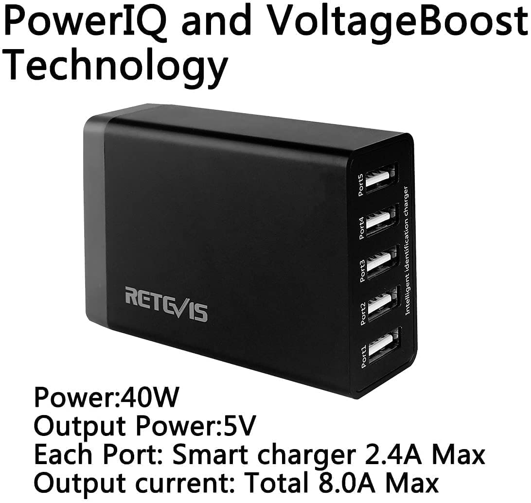 Retevis 5-Port USB Wall Charger for Walkie Talkies - Fast Charging Station Compatible with RT68 RB28 RT19 RT22P NR10 RT18 RT22S H777 RB89 RT86 RT45P RB29 Baofeng Cobra HYT Radios & iPhone - Perfect for Home, Office, and Emergency Communication (1 Pack)