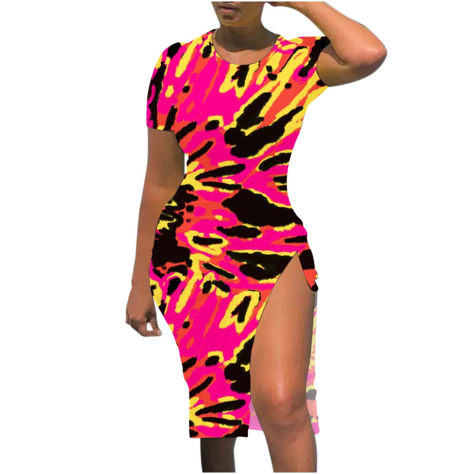 BOXIACEY Women's Summer Dresses - Short Sleeve Round Neck Slim Fit Solid & Gradient Printed Dress with Sexy Drawstring Slit | Casual, Beach, Party, Date Night Outfits