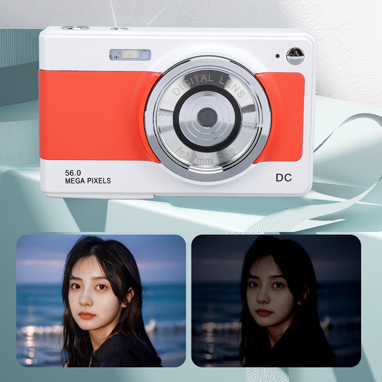 56MP Digital Camera FHD 1080P with 8X Zoom & Anti-Shake - Compact Point and Shoot Camera for Teens, Kids, Seniors & Beginners (White/Orange) - Perfect for Travel, Vlogging, Birthday Gifts & Everyday Photography