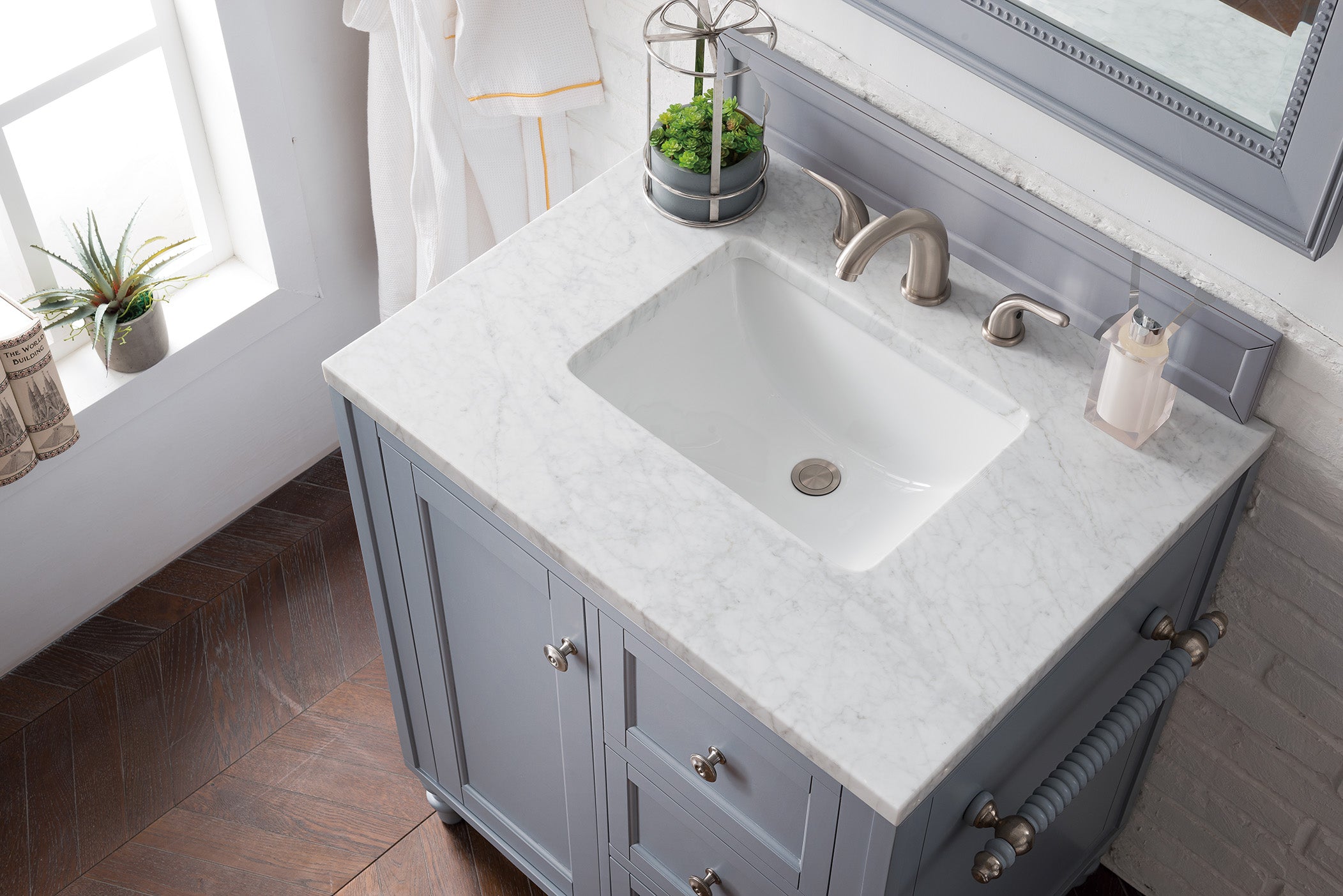 Copper Cove Encore 30 Inch Single Bathroom Vanity with Carrara Marble Top in Silver Gray - Perfect for Modern Master Bathrooms and Powder Rooms