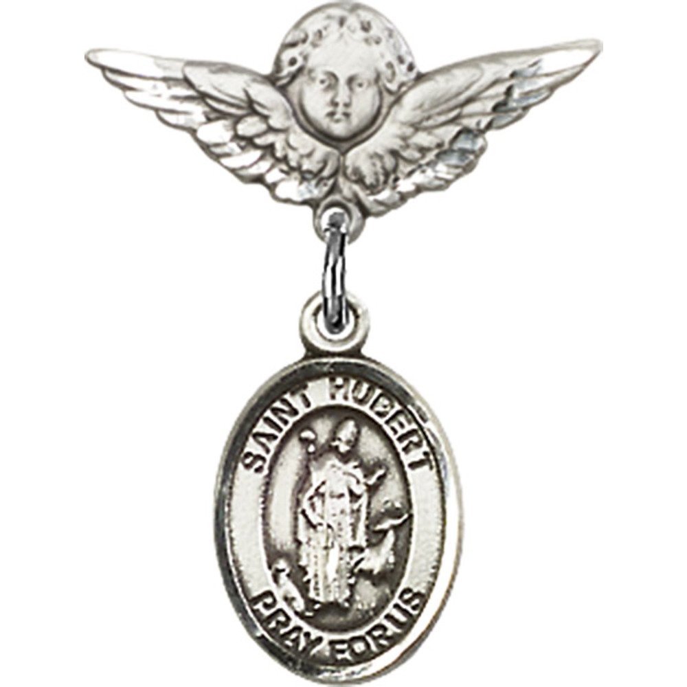 Sterling Silver Baby Badge with St. Hubert of Liege Charm & Angel Wing Pin - 7/8
