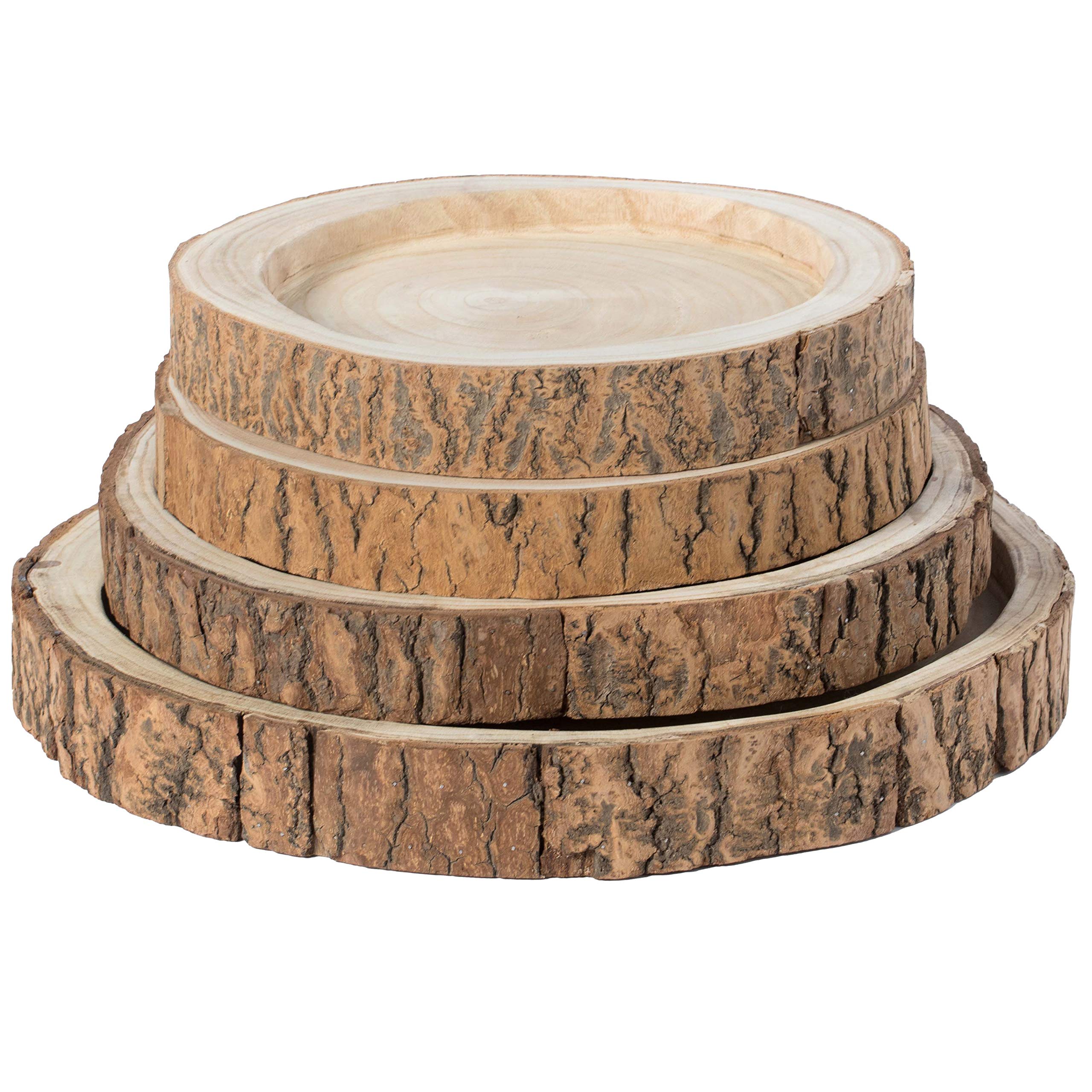 Natural Wood Tree Bark Indented Display Tray - Set of 4 Rustic Serving Plates for Charcuterie, Cheese, Desserts | Perfect for Farmhouse Weddings, Holiday Parties & Home Decor