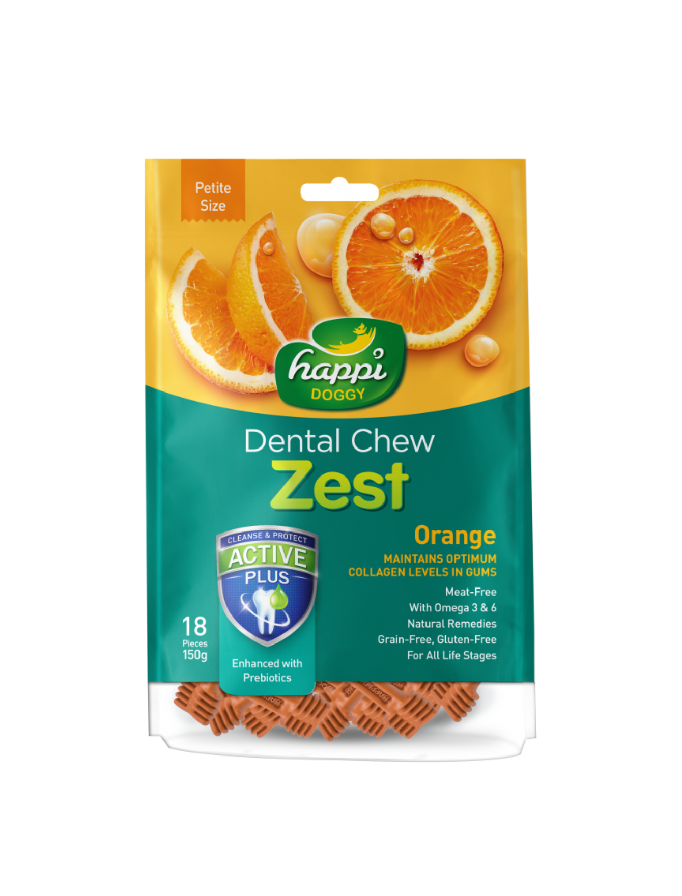 Happi Doggy Dental Chew Zest Petite Orange Flavor 150g - Natural Teeth Cleaning Treats for Small Dogs - Perfect for Daily Oral Care & Fresh Breath