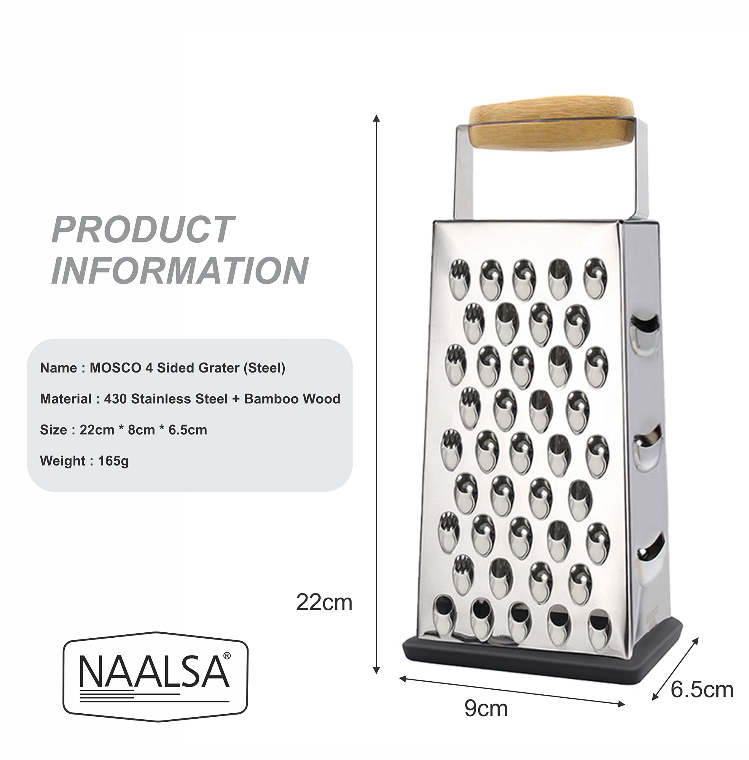 NAALSA 8-Inch Stainless Steel Professional Multi-Purpose Grater - Vegetable Chopper, Slicer, Shredder for Cheese, Carrots & More - Perfect for Meal Prep, Salads & Cooking in Home Kitchens