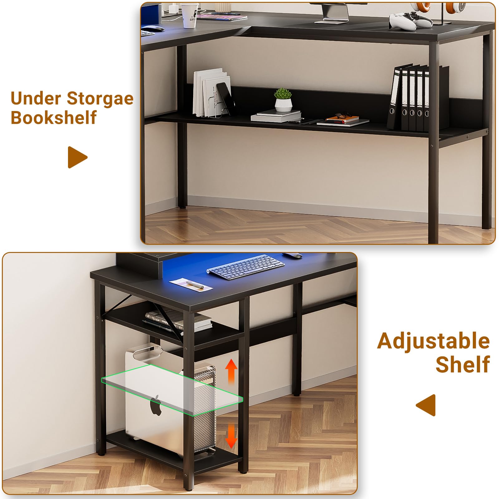 Reversible L-Shaped Desk with USB Power Outlets & LED Light - Sturdy Corner Computer Desk with Monitor Stand & Storage Shelves - Gaming & Home Office Desk - Easy Assembly - Black - Perfect for Small Spaces & Multi-Monitor Setups