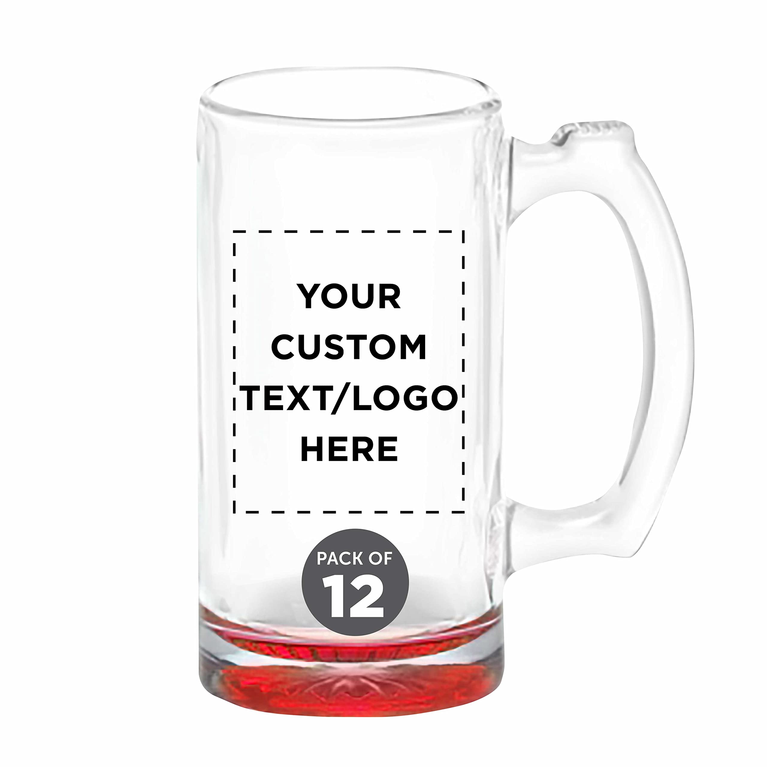 12-Piece Libbey Beer Mugs Set - 12 oz Customizable Glassware with Text & Logo - Perfect for Groomsmen Gifts, Bachelor Parties, and Home Bar Decor (Red)