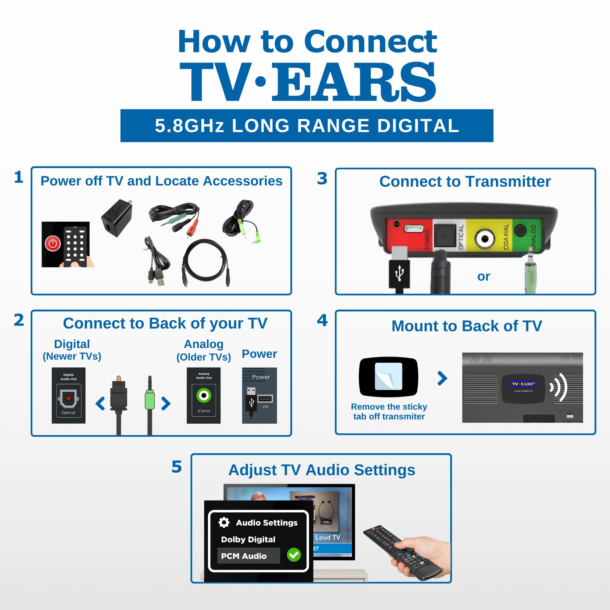 TV Ears Long Range Digital Wireless Headset System - 5.8GHz RF Transmitter Headphones for TV with Hearing Assistance, Compatible with All Television Brands (1 Pair) - Perfect for Seniors & Hearing Impaired at Home, Watching Movies, or Late-Night Viewing