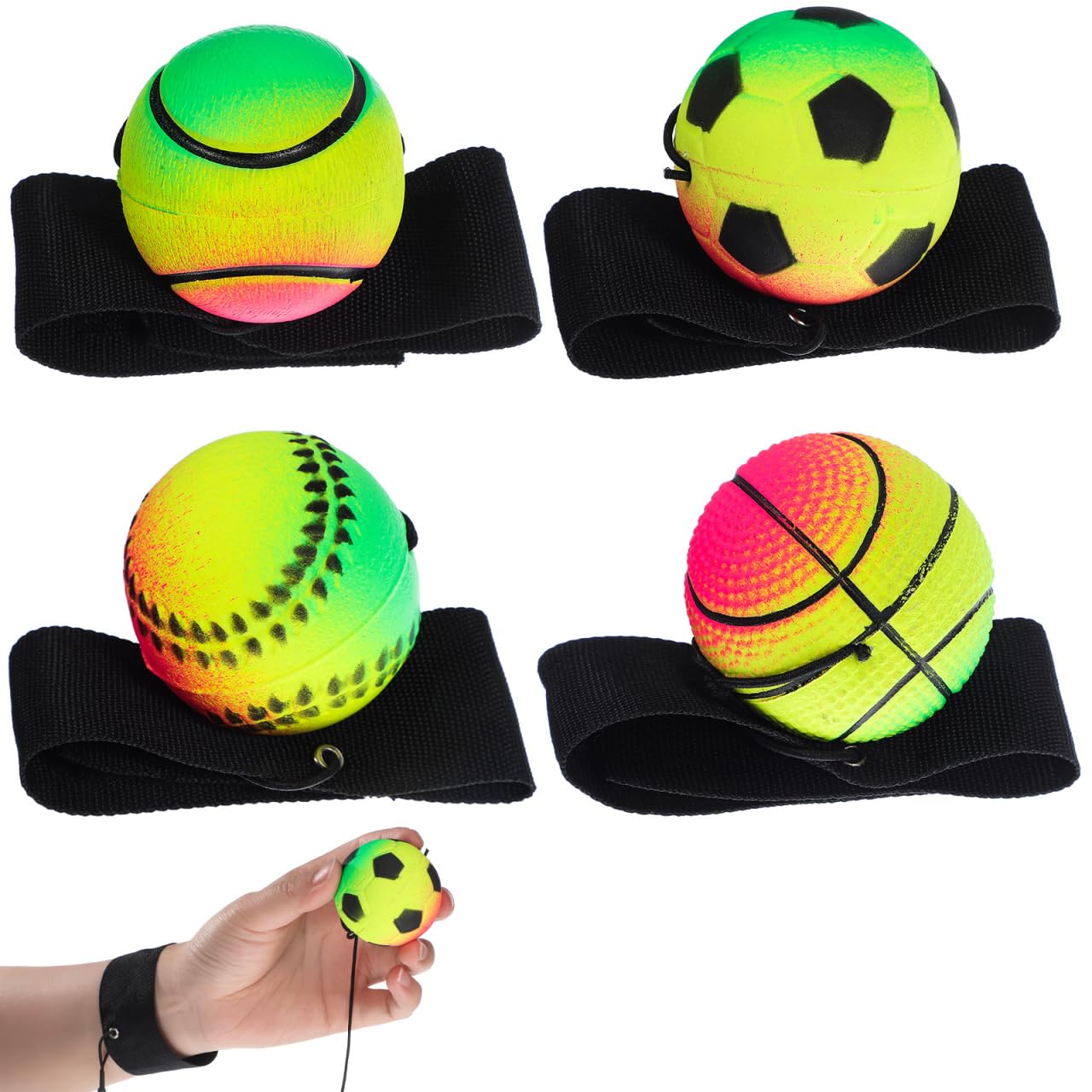 Jojofuny 4-Pack Wrist Return Balls - Rebound Exercise Balls with Adjustable Wristbands for Strength Training & Physical Therapy - Perfect for Teens & Adults - Great for Sports, Fitness, and Rehabilitation Exercises