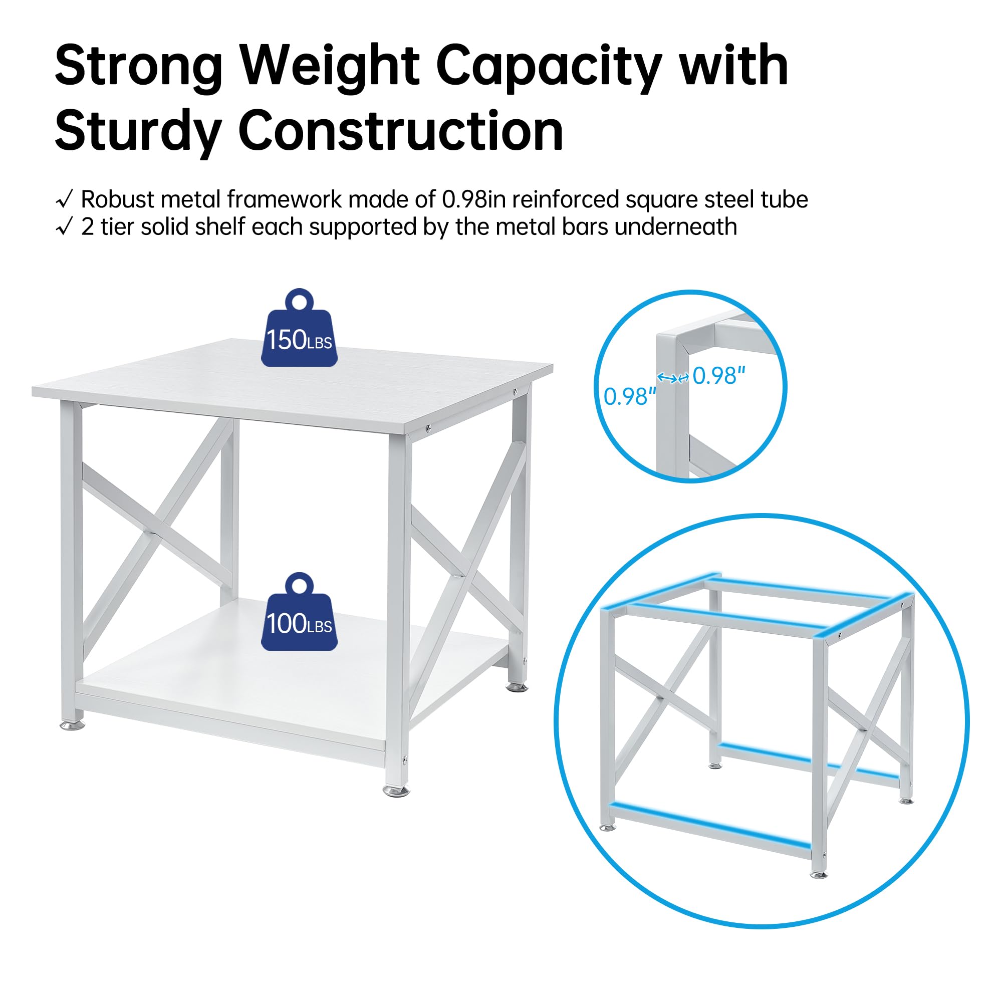 23.6 x 23.6 Inches Large Printer Stand with Storage Shelf | 2-Tier Square Rolling Cart with Wheels for Home Office | Compatible with Laser Printer, 3D Printer & Mini Fridge | Multi-Purpose Mobile Organizer for Workspace & Living Room - White