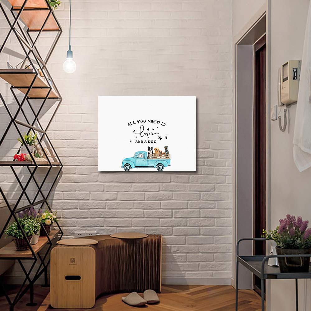 Blue Truck with Dog Canvas Wall Art - Modern Framed Wall Decor 24x32 Inches for Bedroom, Living Room, Dining Room, Kitchen, Bathroom & Dorm - Perfect for Home, Office & Gift Giving
