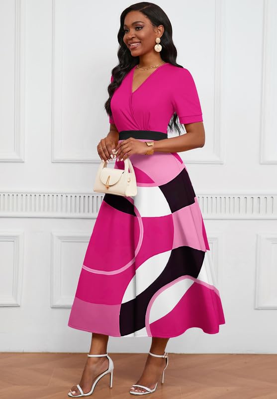 Women's Midi Dresses V-Neck A-Line Swing Dress - Elegant Cocktail, Church & Tea Party Attire - Short Sleeve Flowy Summer Dress for Weddings, Brunch & Office Wear