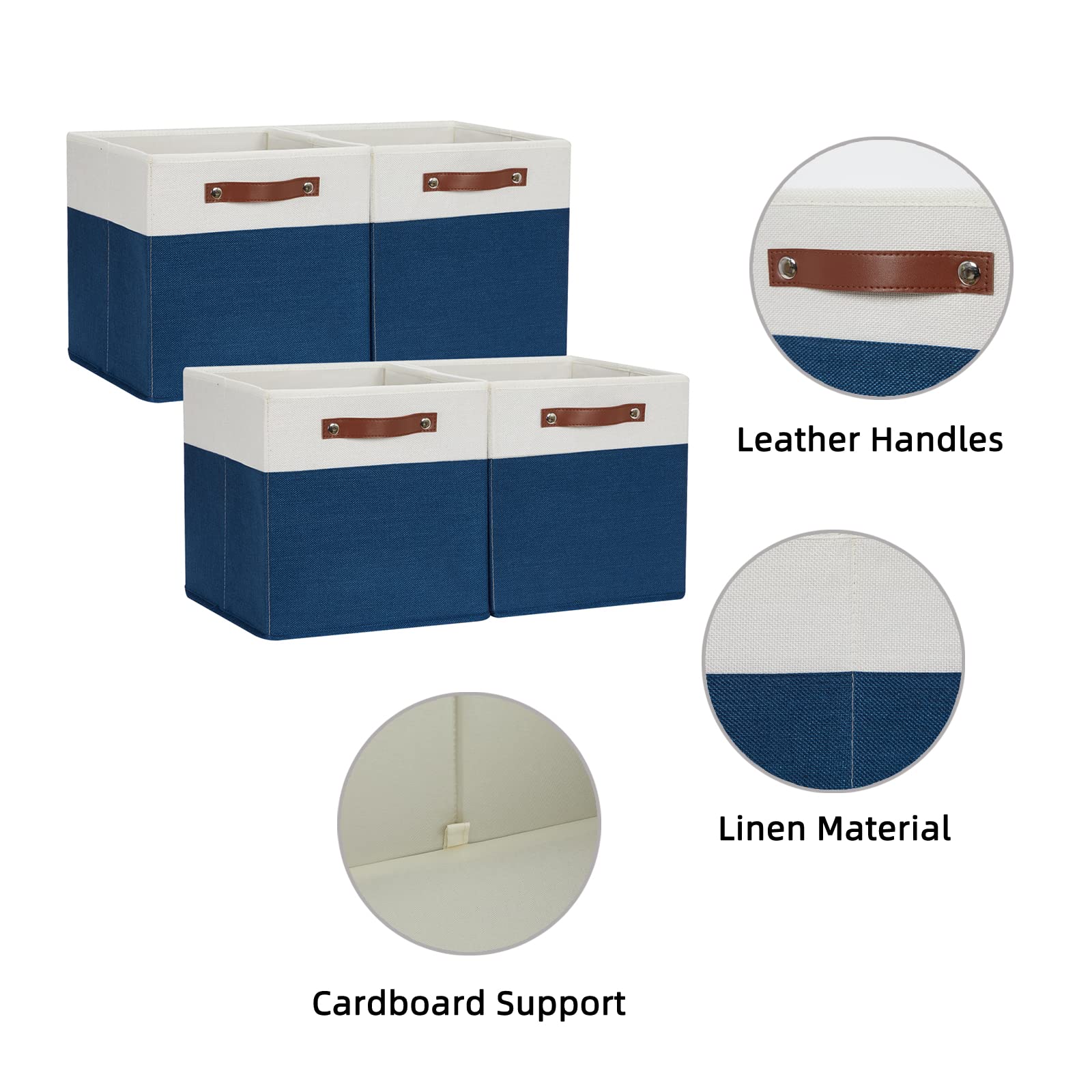 HNZIGE 12x12 Inch Fabric Storage Cubes with Handles, Set of 4 - Decorative Cube Organizer Bins for Home, Nursery, Closet & Toy Storage | Space-Saving Blue & White Square Baskets for Shelves, Cabinets & Underbed Organization