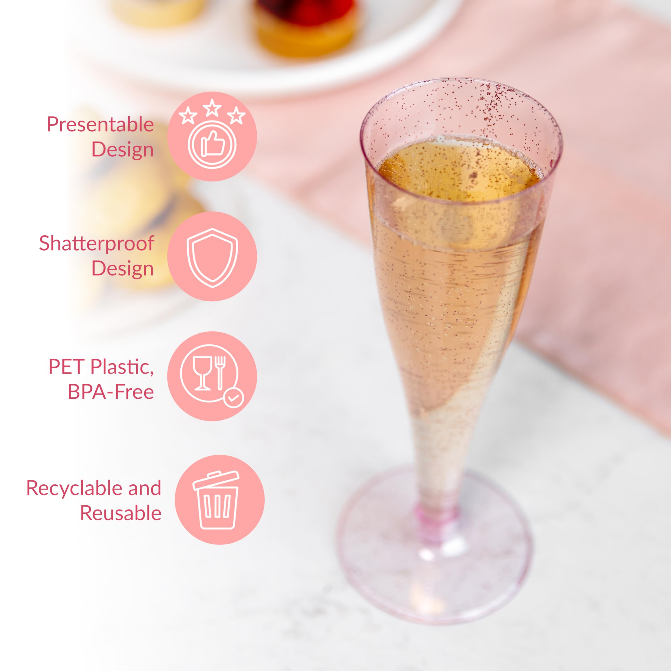 Prestee 24-Pack Rose Gold Glitter Plastic Champagne Flutes - Elegant Disposable Cocktail Glasses for Wedding, Bridal Shower, NYE Party & Mimosa Bar - Perfect for Celebrations, Toasts & Special Events