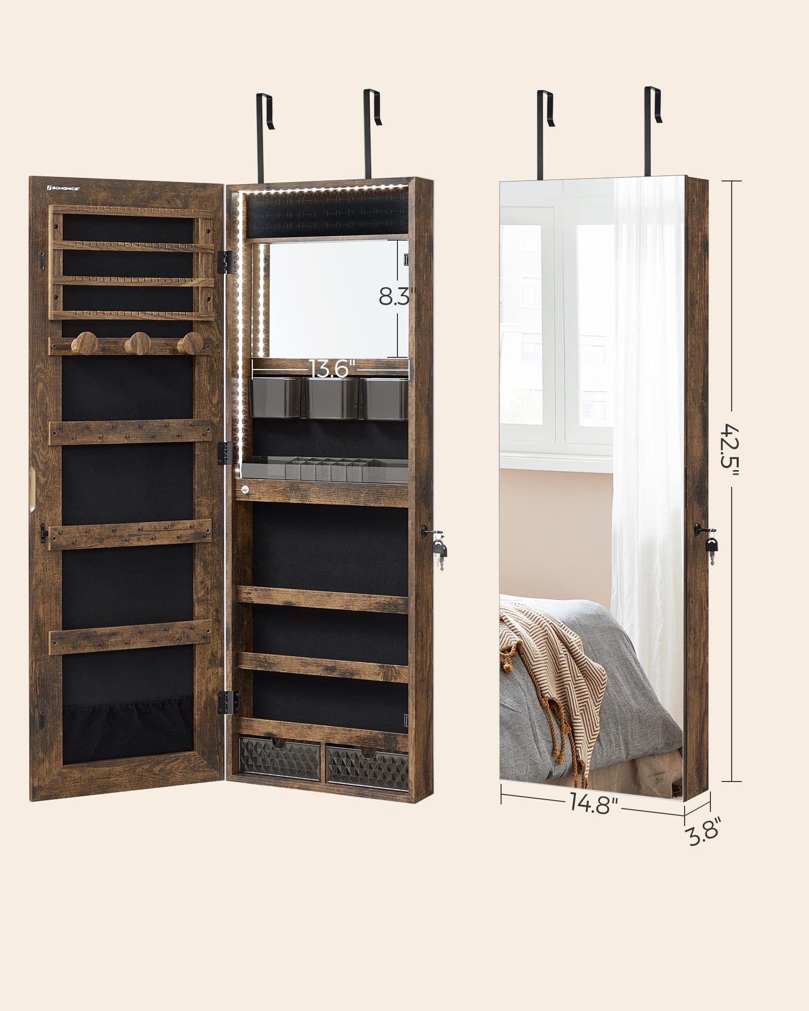 SONGMICS Rustic Brown Jewelry Cabinet with Full-Length Mirror - Wall/Door Mount Armoire Organizer with LED Lighting, Built-in Makeup Mirror, 2 Lockable Drawers | Perfect for Bedroom, Bathroom & Dressing Room Storage