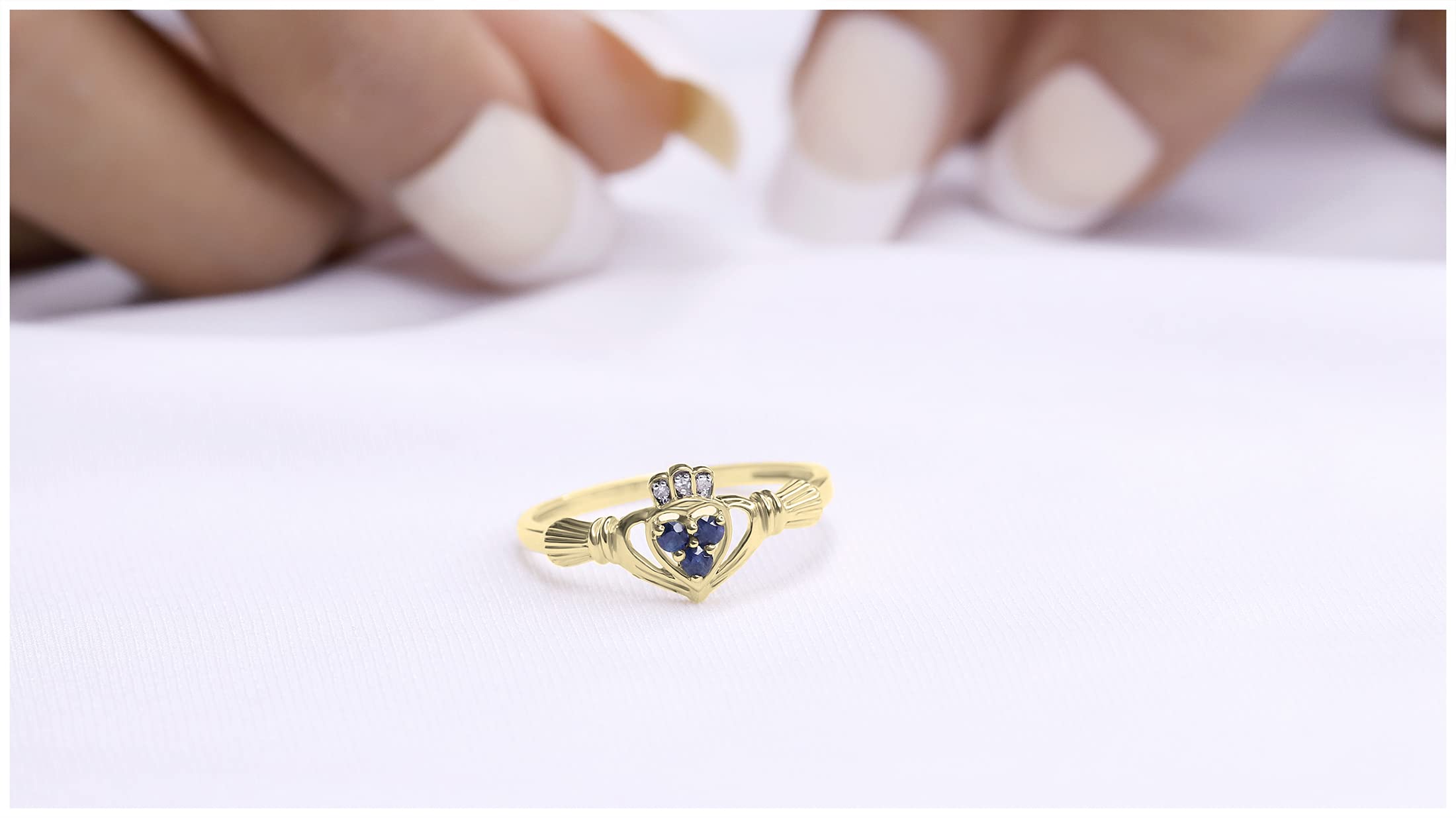 Natural Blue Sapphire & White Diamond Claddagh Heart Ring for Women - 18K Solid Gold Irish Love & Friendship Promise Ring | Perfect for Engagements, Anniversaries & Special Occasions