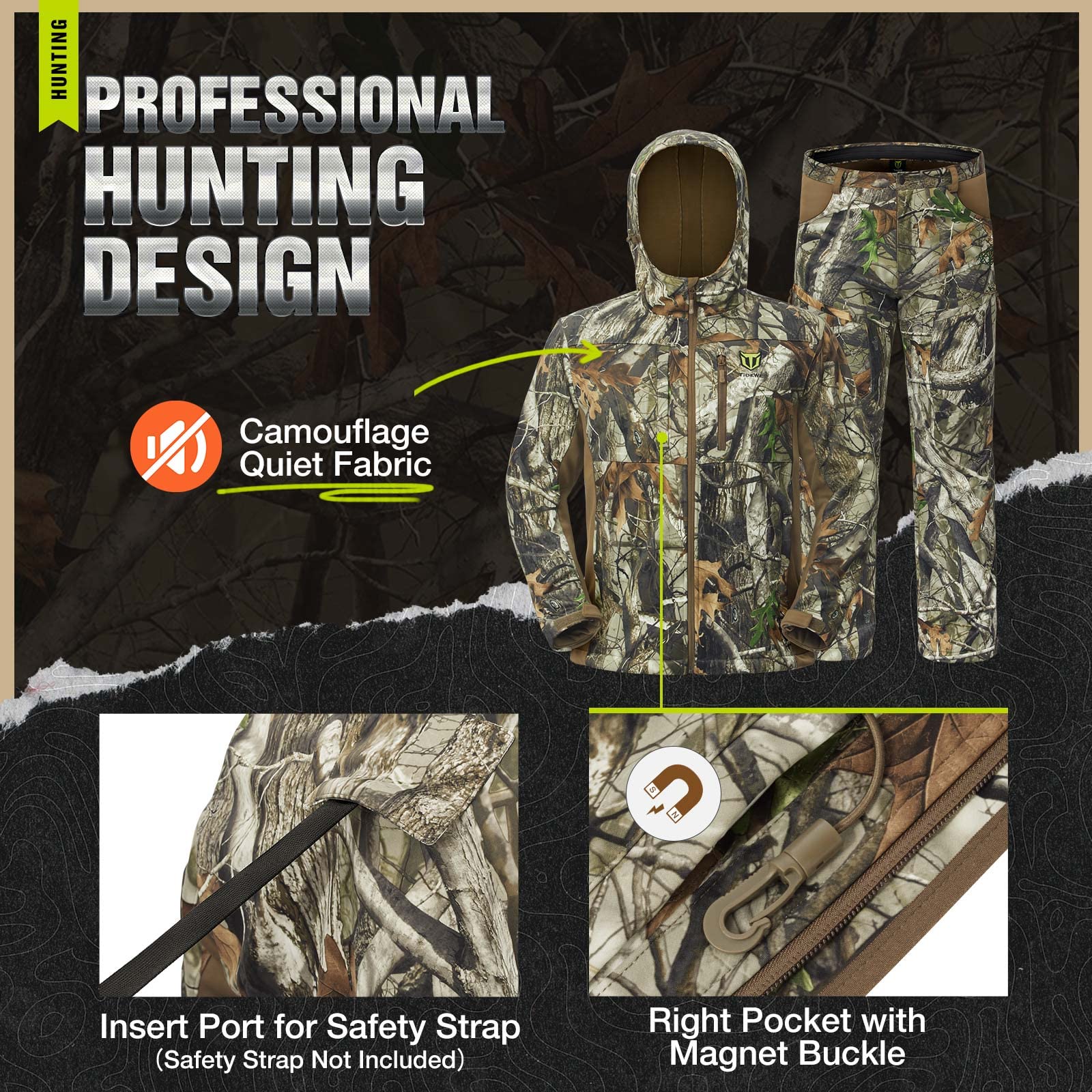 TIDEWE Men's Fleece-Lined Hunting Jacket & Pants Set - Water Resistant, Silent Camo Gear with Safety Strap Compatibility | Ideal for Deer Hunting, Outdoor Adventures & Cold Weather Activities