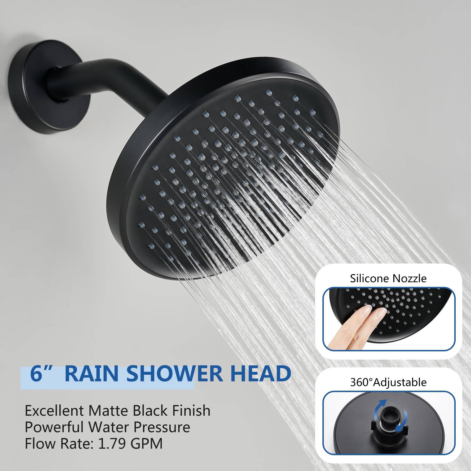 Tohlar Matte Black Shower Faucet Set - 6 Inch Rainfall Shower Head with Single Handle Valve, Tub Spout & Trim Kit for Bathroom Remodel | Modern Bathroom Upgrade for Spa-Like Experience