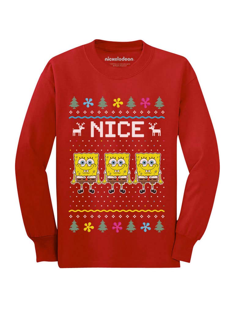 SpongeBob SquarePants Funny Ugly Christmas Sweater Youth Long Sleeve T-Shirt - Holiday Gift for Kids & Teens - Perfect for Christmas Parties & Family Gatherings