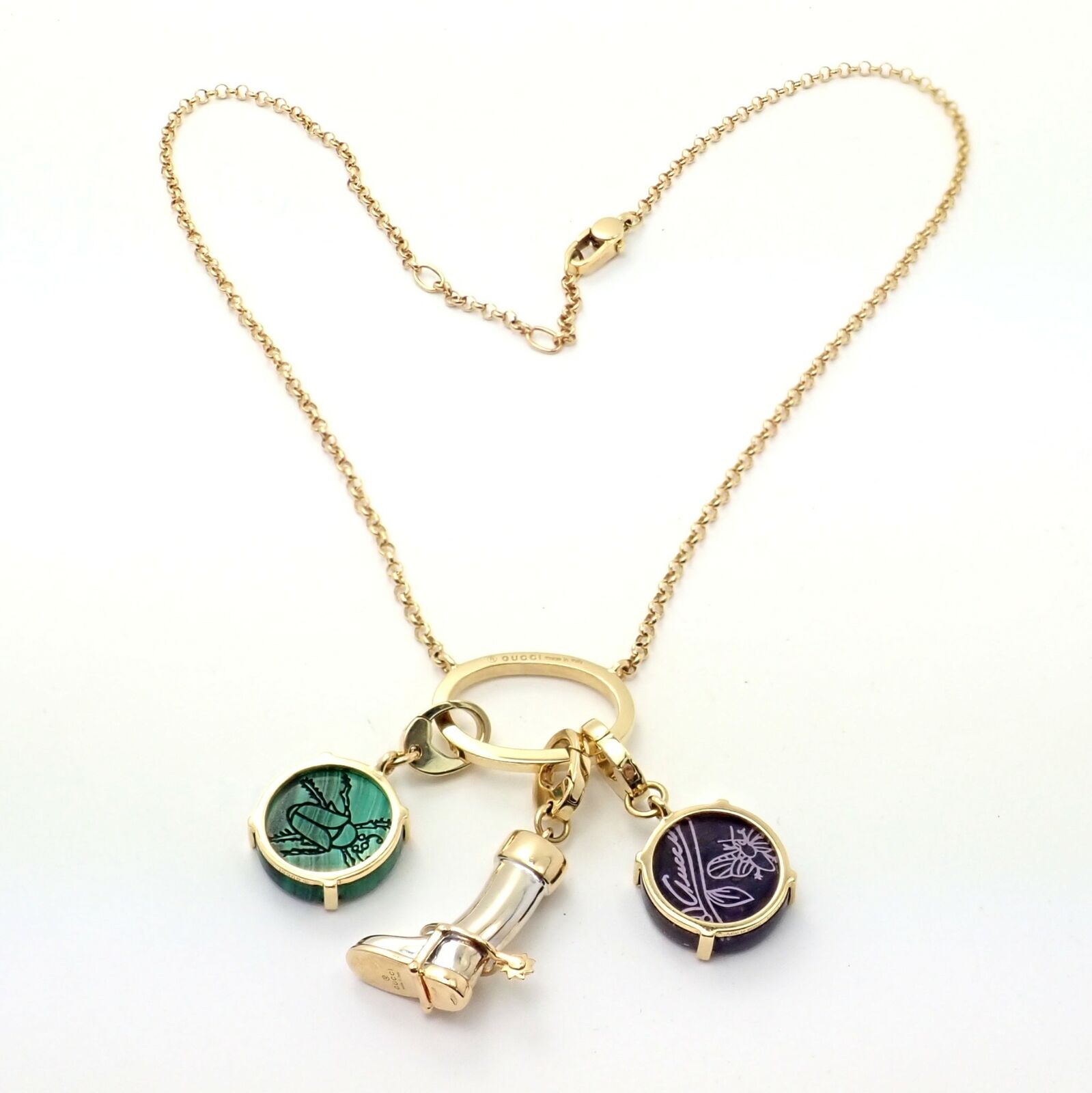 Authentic Gucci 18k Yellow & White Gold Riding Boot Charm Necklace with Beetle Pendant - Luxury Italian Jewelry for Women, Perfect Gift for Birthday, Anniversary & Special Occasions