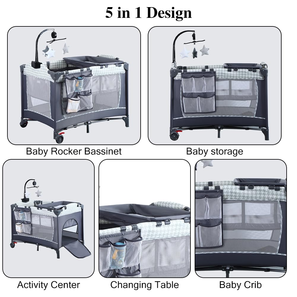 SIMPLGIRL 4-in-1 Baby Bassinet Bedside Sleeper with Mattress, Toys & Music Box - Foldable Playard for Newborns - Perfect for Nursery, Bedroom & Travel
