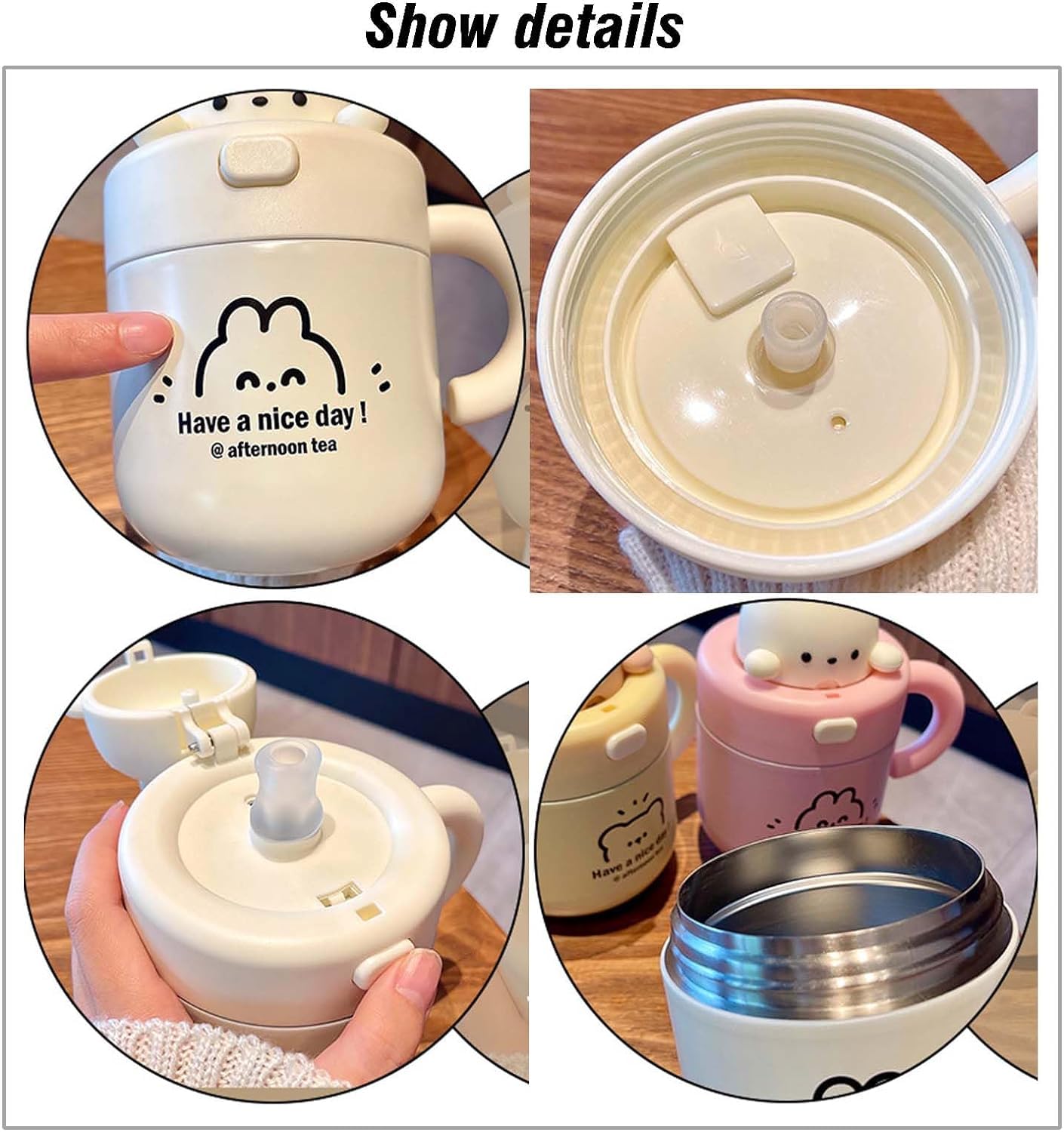 Cute Bunny Bear Stainless Steel Double Walled Vacuum Insulated 530ml Leak Proof Straw Tumbler with Lid - Insulated Coffee Mug for Hot & Cold Drinks, Perfect for Home, Office, Travel (Brown)