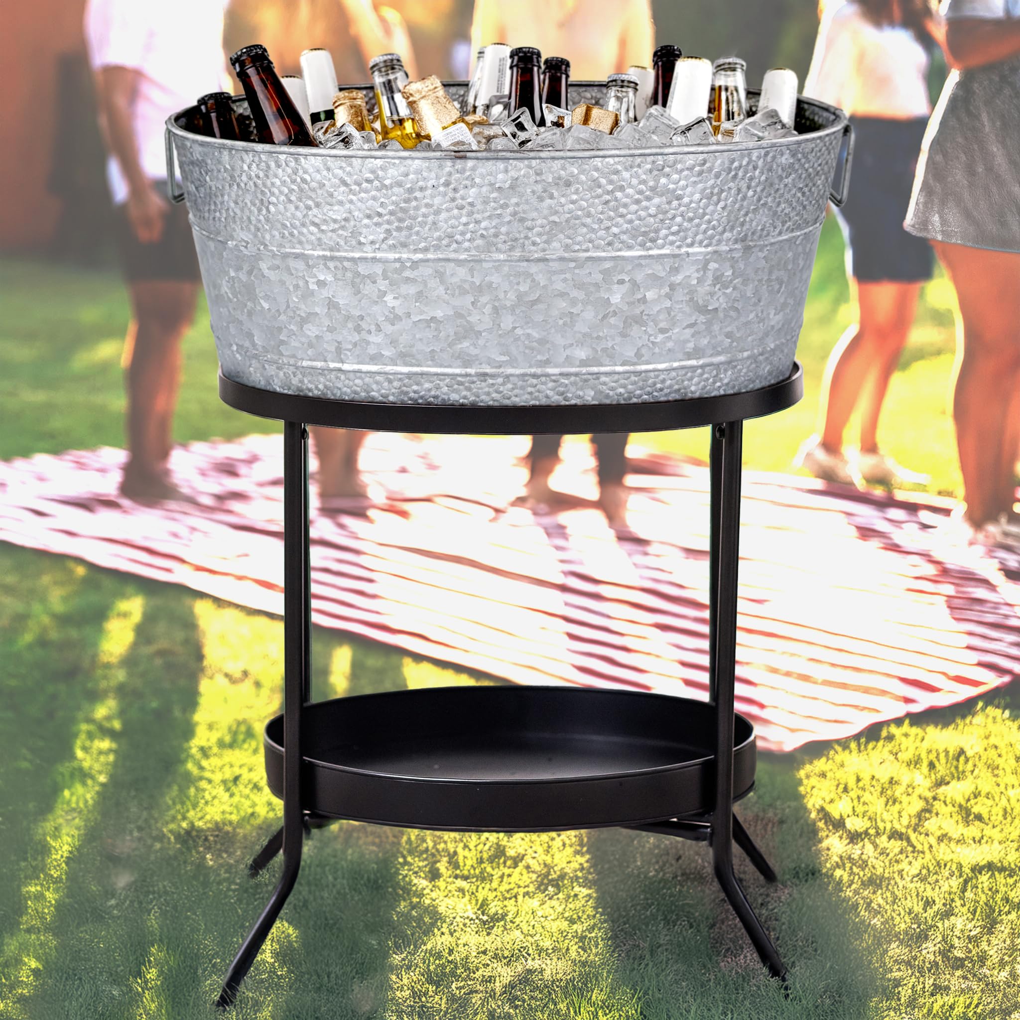 BREKX Aspen 25-Quart Galvanized Beverage Tub with Stand - 6 Gallon Drink Cooler Bucket for Parties, Outdoor Events & BBQs - Leak, Dent & Rust Resistant - Includes Handles & Cooler Stand - Ash Gray