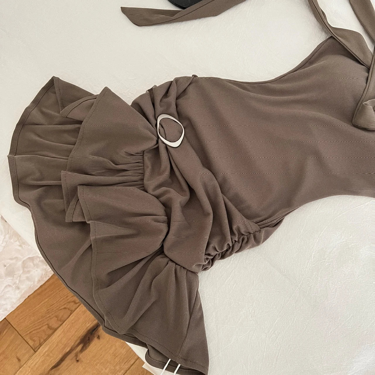Elegant Black Pleated A-Line Short Dress for Women - Sexy Off Shoulder Ruffled Edge Strapless Club Dress - Summer Sleeveless Brown Mini Dress | Perfect for Night Out, Party, Date Night and Special Occasions