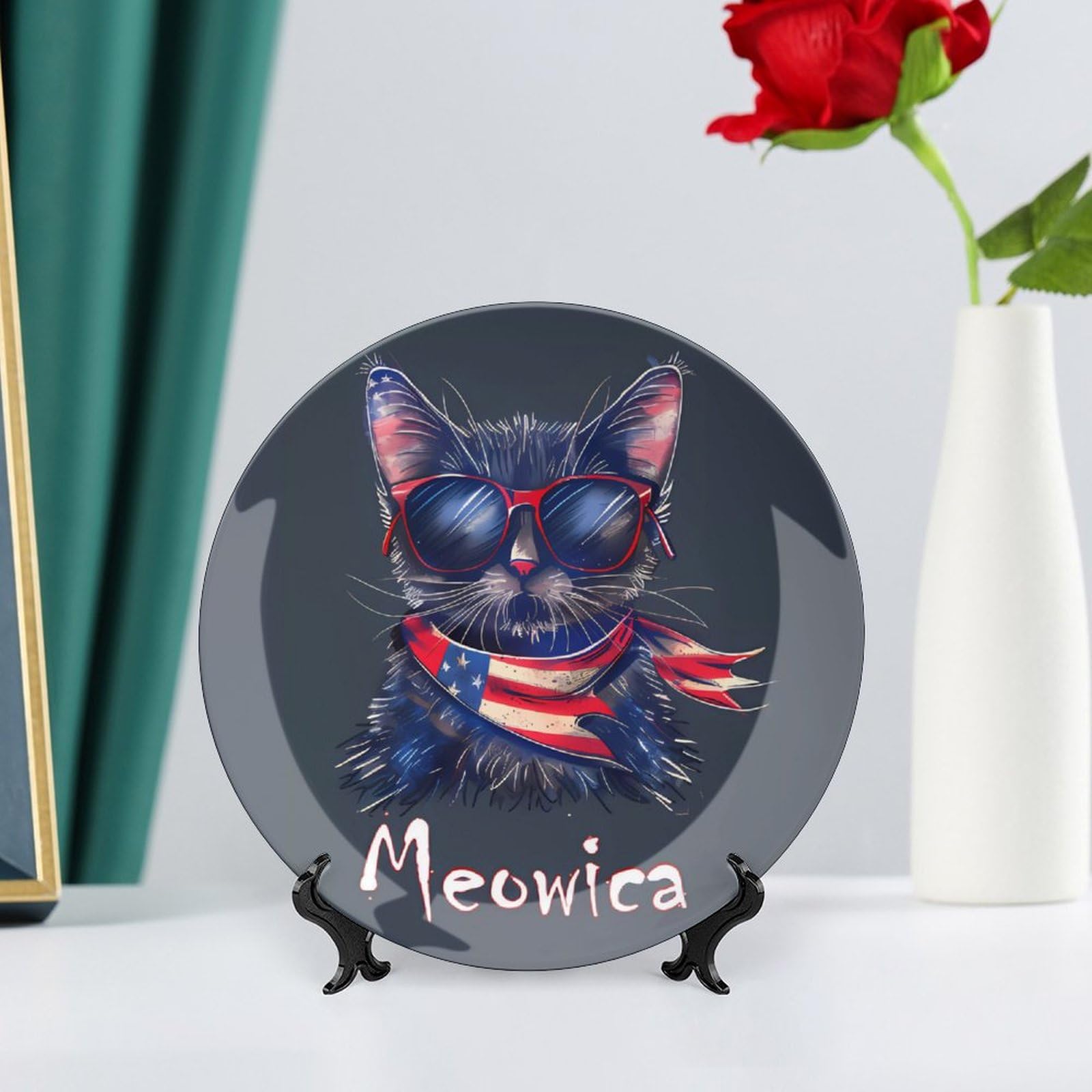 Meowica Patriotic Cat 4th of July Ceramic Decorative Plates - American Flag Themed Display Ornaments & Dinner Plates with Stand for Kitchen, Home Decor - Perfect for Independence Day Celebrations, Party Table Settings & Patriotic Home Decorations