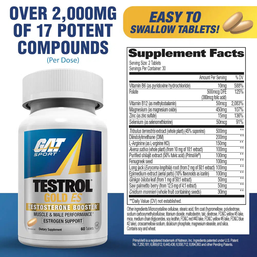 GAT Sport Testrol Gold ES - Premium Natural Testosterone Booster for Men - Enhance Muscle Growth, Strength & Energy - Ideal for Bodybuilding, Fitness & Workout Performance