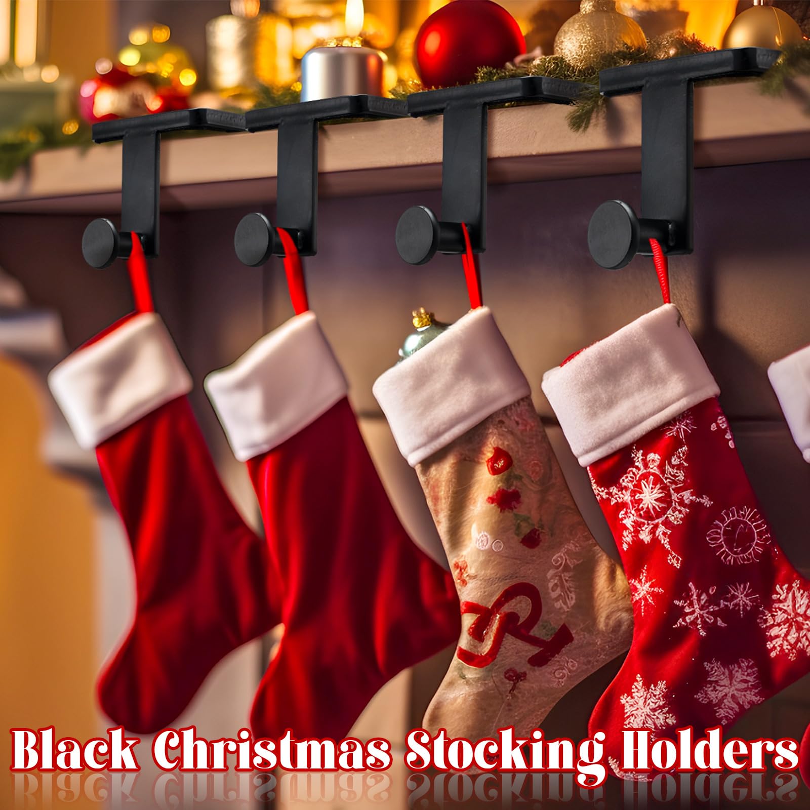 Landhoow 6-Piece Heavy Duty Wrought Iron Christmas Stocking Holders with Protective Pads - Black Mantel Hangers for Fireplace, Shelf & Holiday Decor - Perfect for Xmas Stockings, Gift Bags & Festive Home Decorating