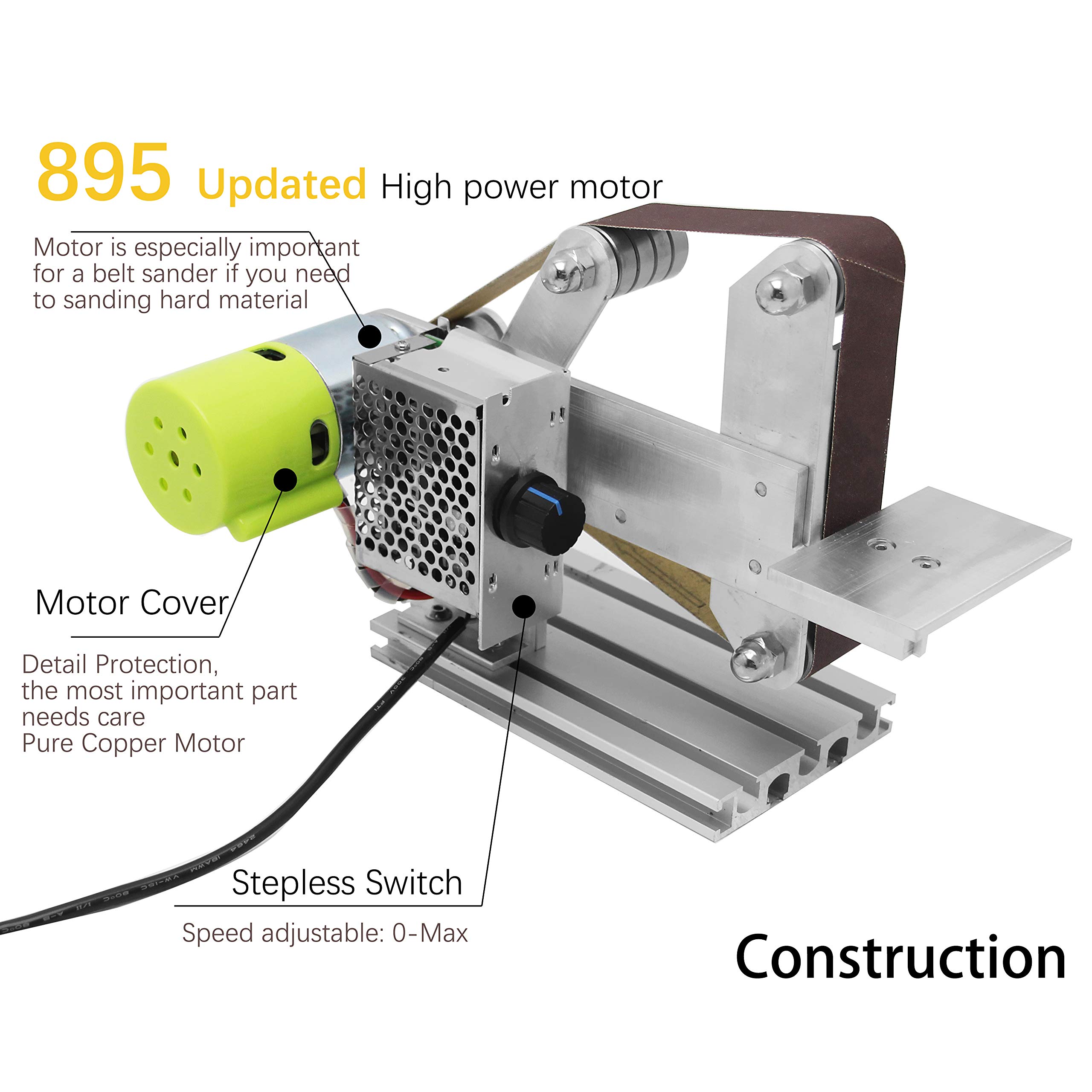 Huanyu 360W Micro Belt Sander - 30mm Mini Desktop Grinder with 6 Sanding Belts & Stepless Speed Control - Perfect for DIY Woodworking, Metal Polishing & Craft Projects