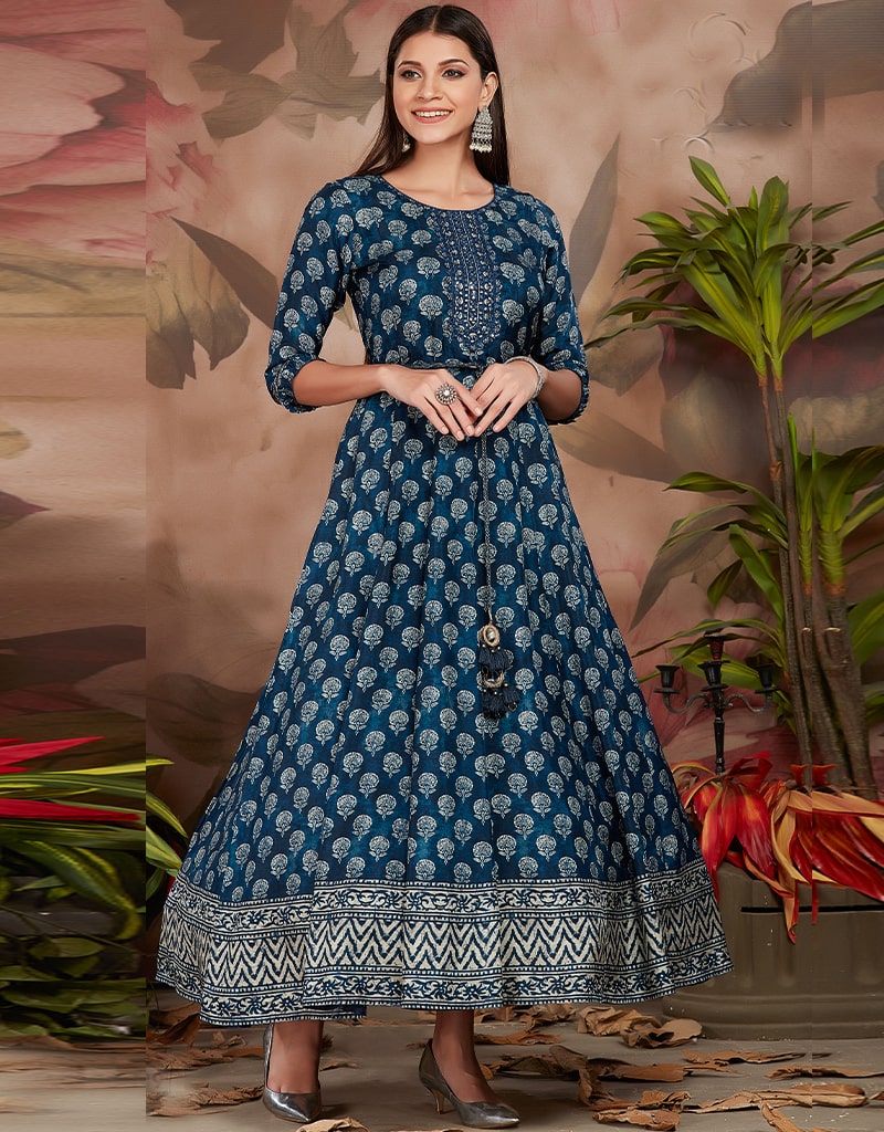 Elegant Blue Anarkali Kurti for Women - Traditional Indian Long Dress with Embroidery - Perfect for Weddings, Festivals & Special Occasions