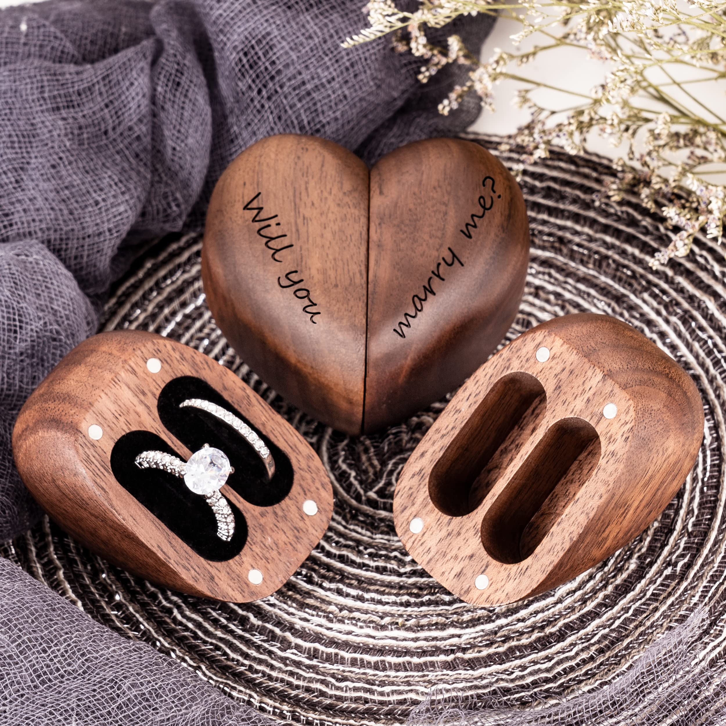 Personalized Wooden Heart Jewelry Box with Magnetic Closure - Engraved Double Ring Holder for Proposal, Wedding & Engagement - Romantic Gift for Women, Brides & Couples - Perfect for Anniversaries, Valentine's Day & Special Occasions