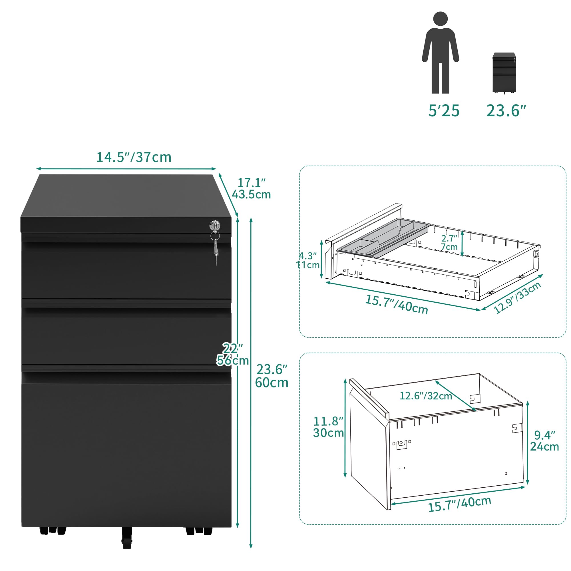YITAHOME 3-Drawer Locking File Cabinet - 20