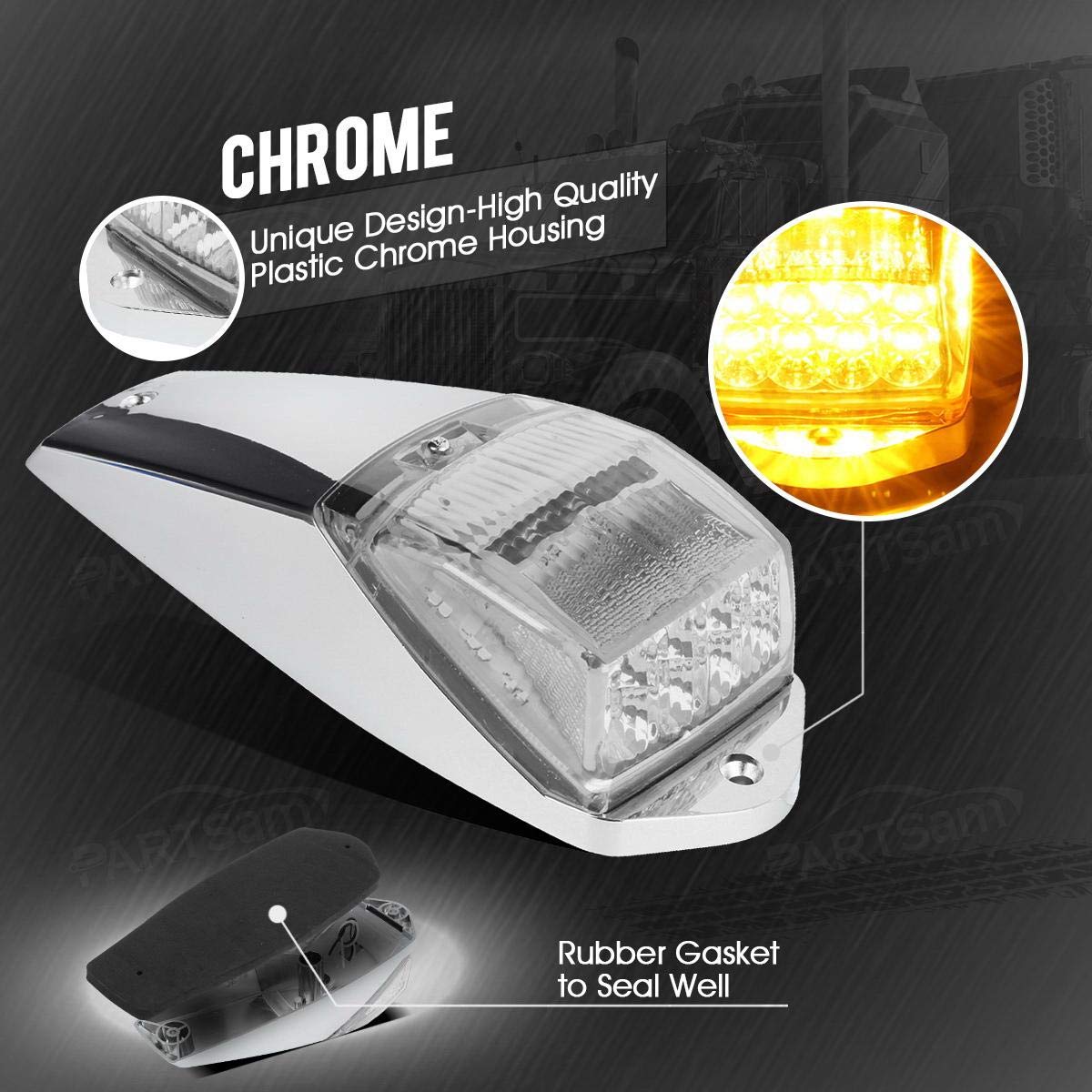 Partsam 5-Piece Clear Lens 31-LED Amber Cab Marker Roof Running Lights with Chrome Base - Compatible with Peterbilt, Kenworth, Freightliner, Western Star, Mack, International & Paccar Semi Trucks - Ideal for Truck Roof Safety Lighting & Night Visibility