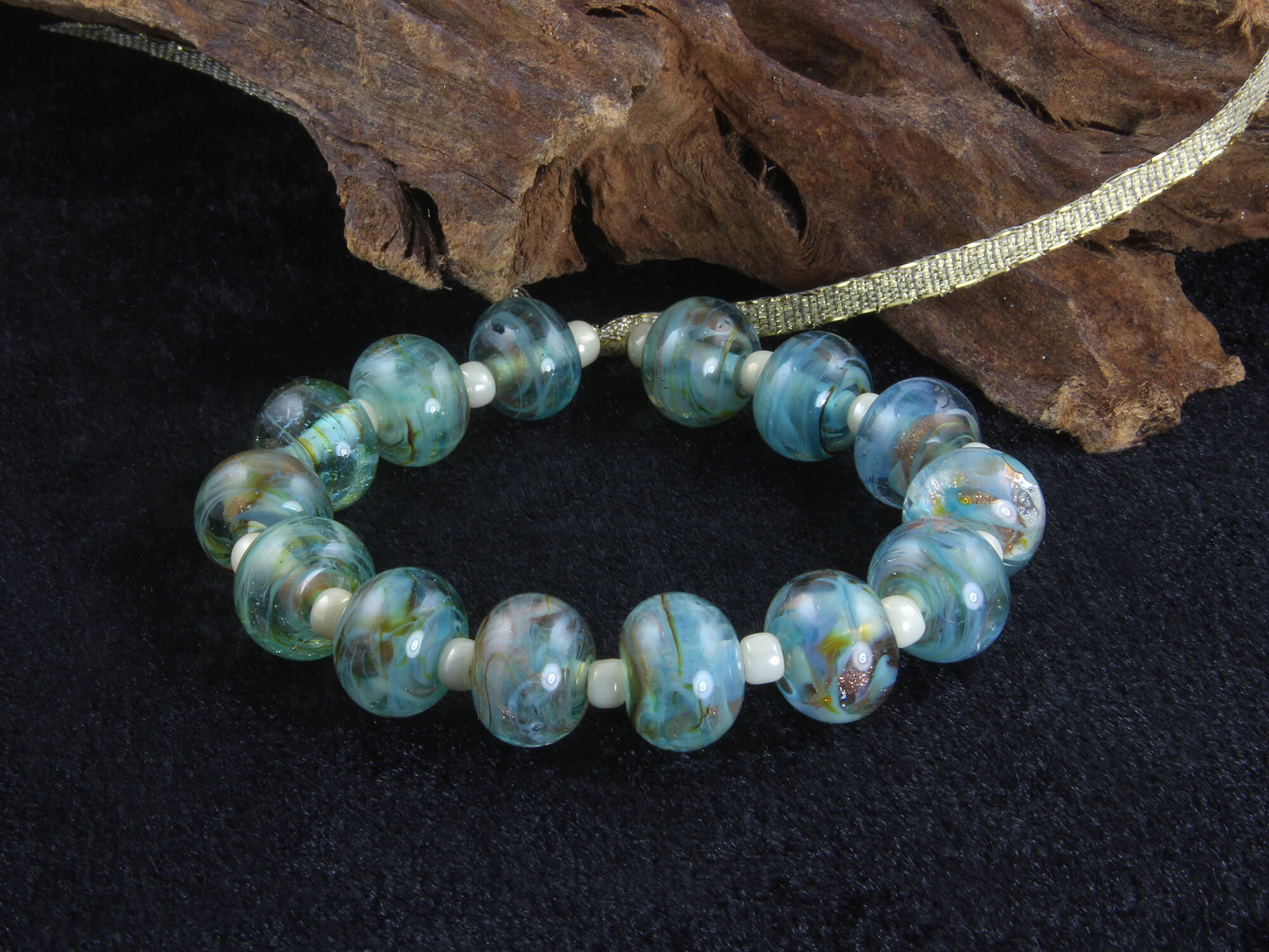 14pcs Aqua Gold Lampwork Glass Beads Set for Jewelry Making, DIY Crafts, Bracelets & Necklaces - Handmade SRA Artisan Beads for Boho, Wedding & Home Decor