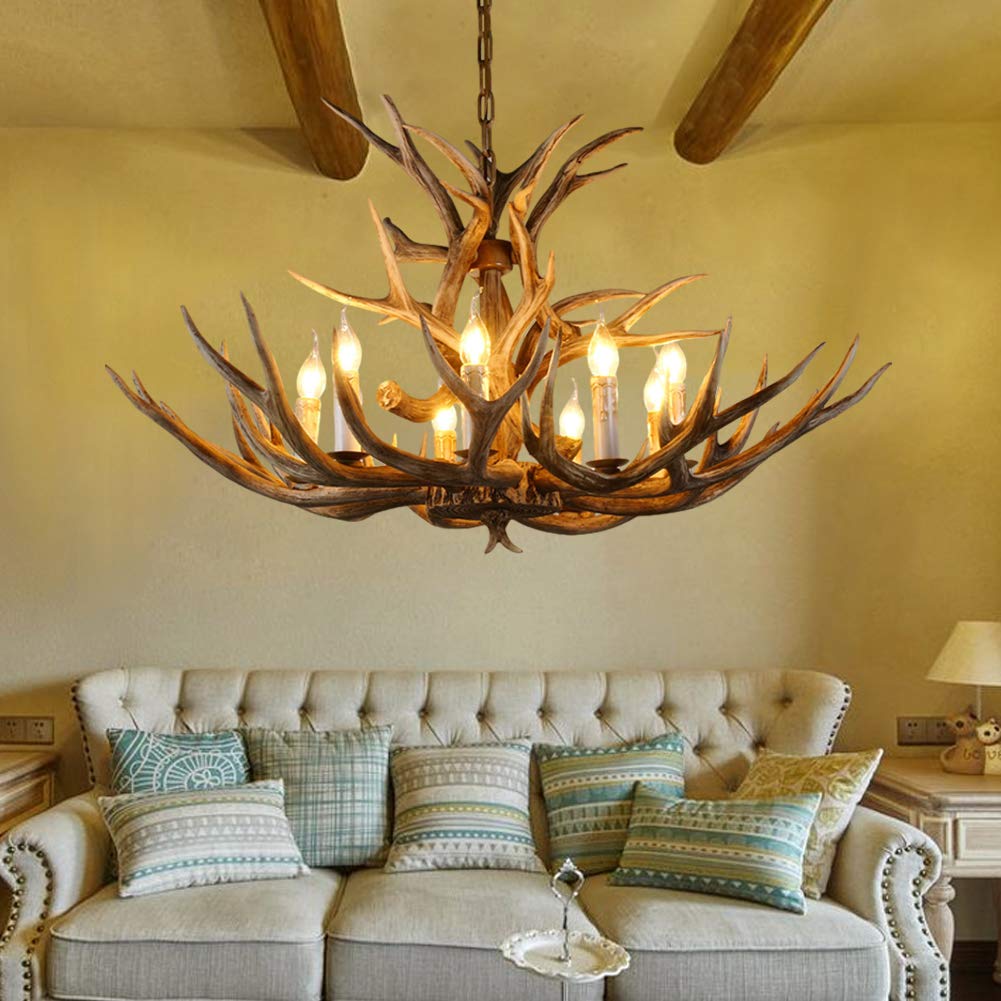 8-Light Deer Horn Antler Chandelier - Rustic Resin Lighting Fixture for Kitchen Island, Dining Room, Foyer & Study | Perfect for Cabin, Lodge & Western Style Home Decor
