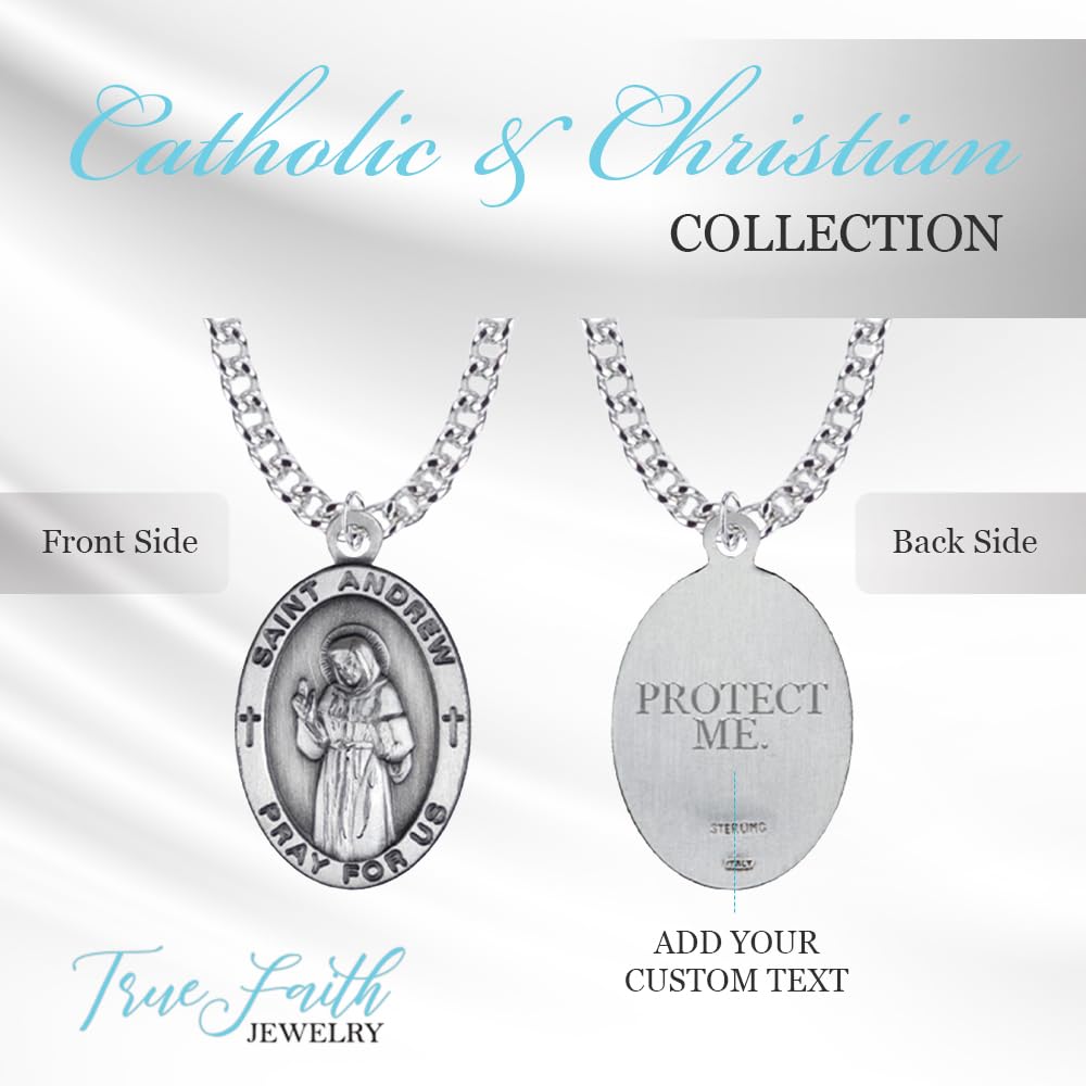 True Faith Jewelry Customizable Sterling Silver Oval Patron Medal - 7/8 Inch - Personalized Religious Jewelry for Baptism, First Communion & Spiritual Gifts