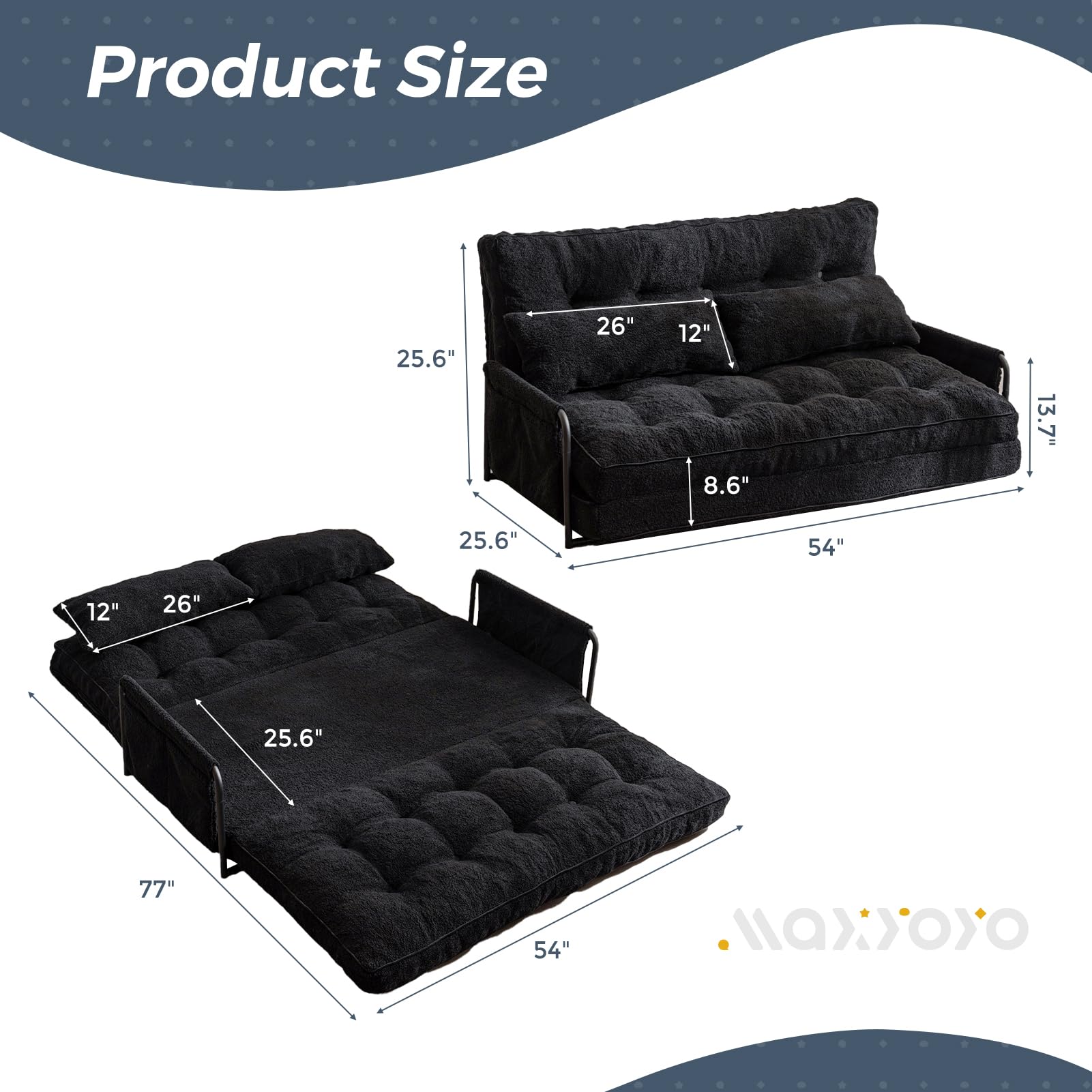 MAXYOYO Adjustable Floor Sofa Couch with 2 Pillows - Boucle Convertible Lazy Sofa Sleeper Bed with Armrest for Living Room, Bedroom & Small Spaces - Double Size in Black - Perfect for Lounging, Napping & Guest Sleeping