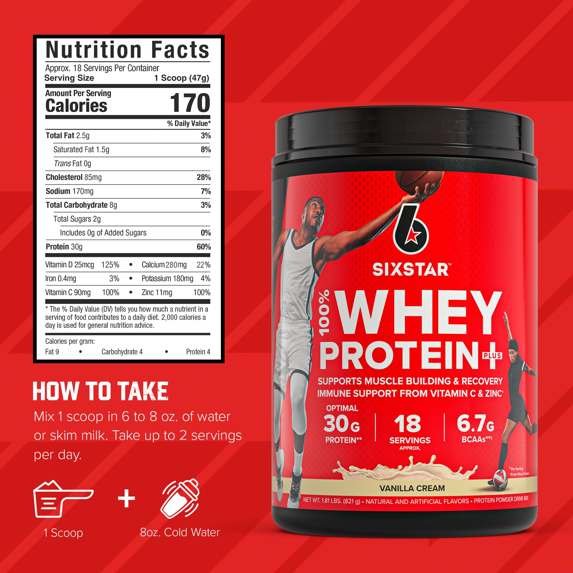 Six Star Whey Protein Powder Plus - Premium Muscle Building & Recovery Formula with Whey Isolate, BCAAs, 30g Protein per Serving - Supports Immune System & Post-Workout Recovery - Vanilla Cream Flavor, 1.8 lb (816g) - Ideal for Gym Workouts, Weight Training & Fitness Enthusiasts