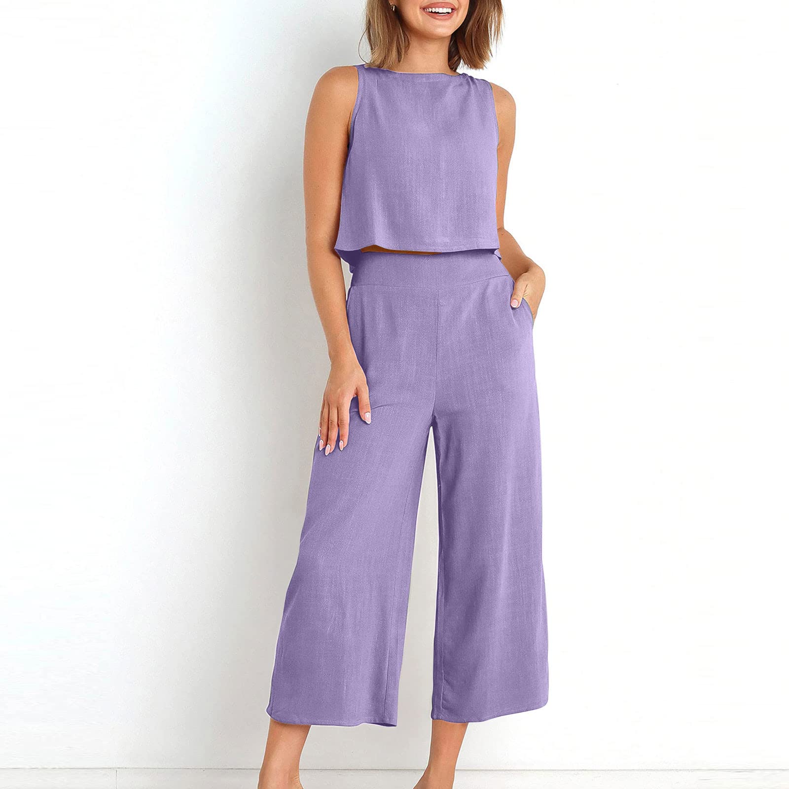 Women's 2-Piece Summer Outfit Set - Linen Crop Top & High Waist Wide Leg Capri Pants | Lounge Wear, Casual Matching Set for Beach, Vacation & Everyday Comfort