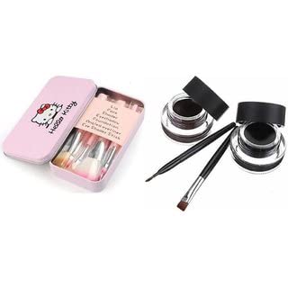 7-Piece Pink Makeup Brush Set with Soft Bristles for Women & Girls + 2-in-1 Black & Brown Gel Eyeliners & Applicator Brushes (11-Piece Kit) - Perfect for Everyday Makeup, Professional Looks & Travel