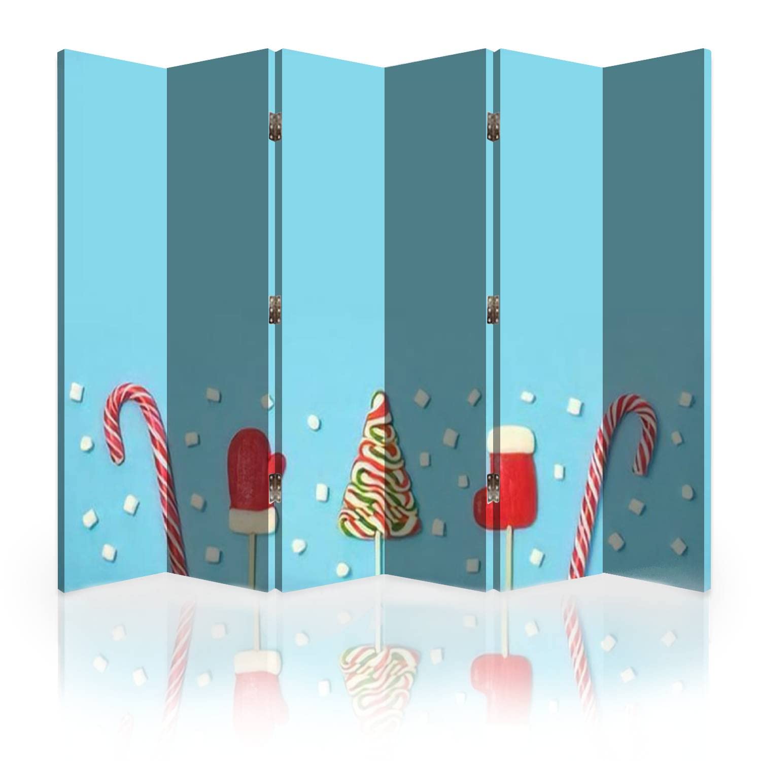 6-Panel Canvas Room Divider Screen - Blue Candy Print Christmas Decor with Mini Marshmallows | Folding Privacy Partition for Bedroom, Office & Event Spaces